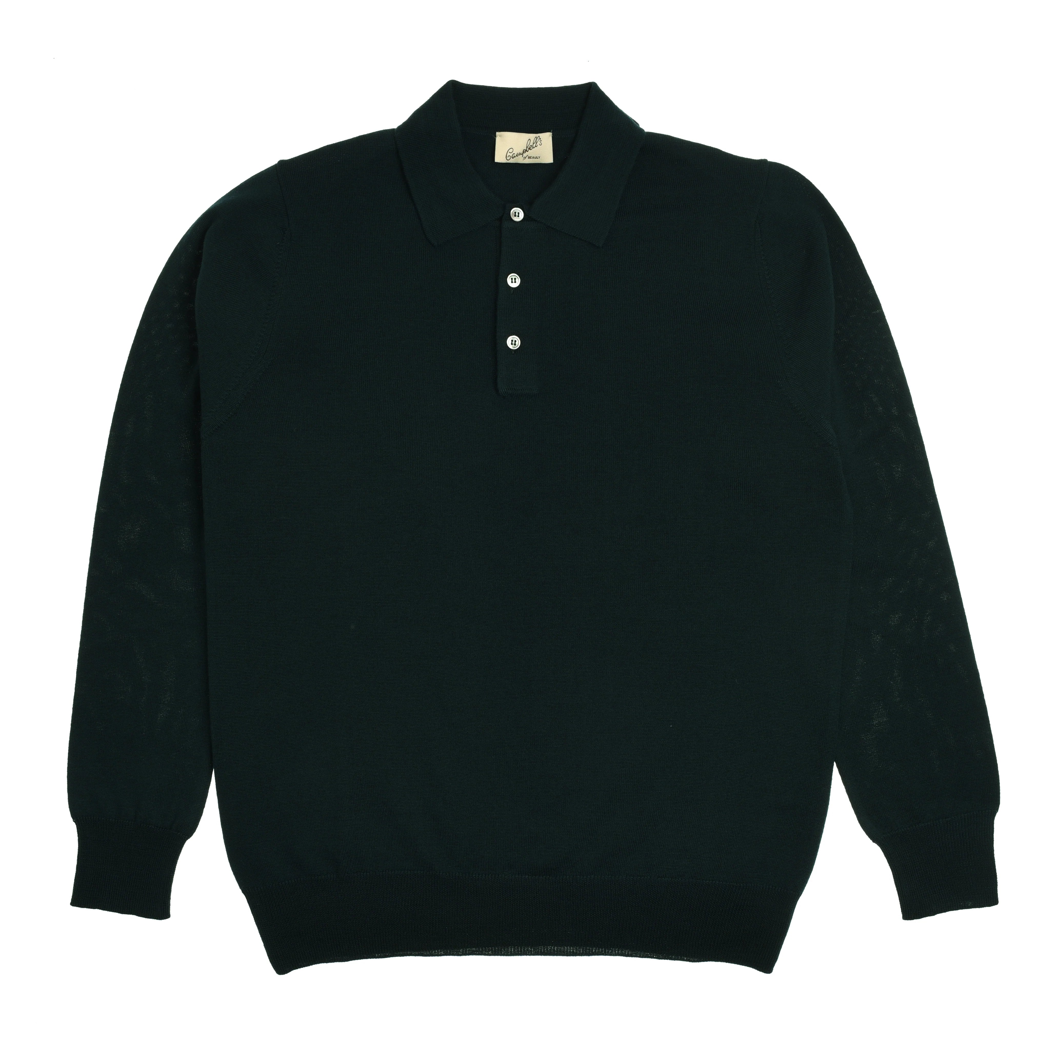 A Campbell's of Beauly Merino Shirt Jumper in bottle green, featuring long sleeves, a collar, and four white buttons, is displayed laid flat on a white background.