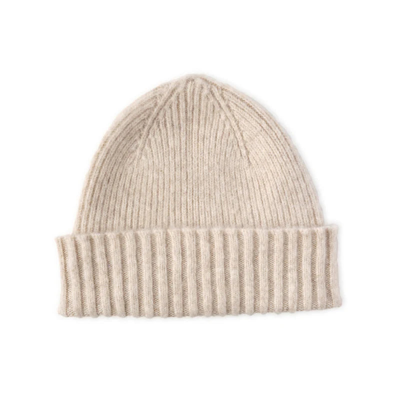 The Lambswool Hat Cream by Campbell’s of Beauly is a beige knitted hat with a folded ribbed brim, shown on a white background—ideal for premium winter style.