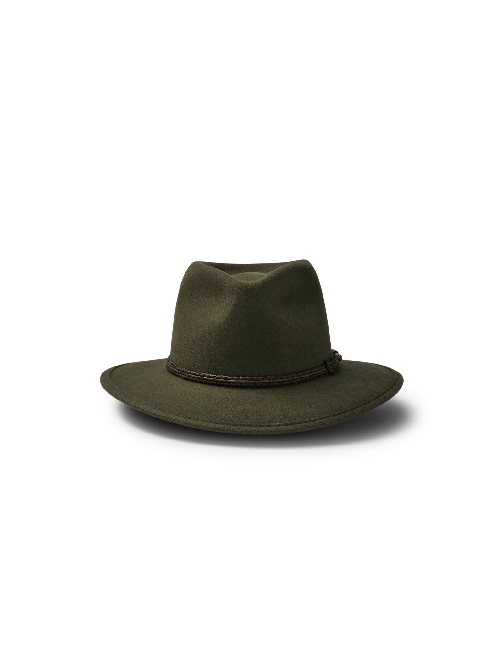 The Akubra Unisex Traveller Hat features a wide olive green brim and a dark brown braided band, inspired by the classic design, shown on a white background with a subtle shadow.