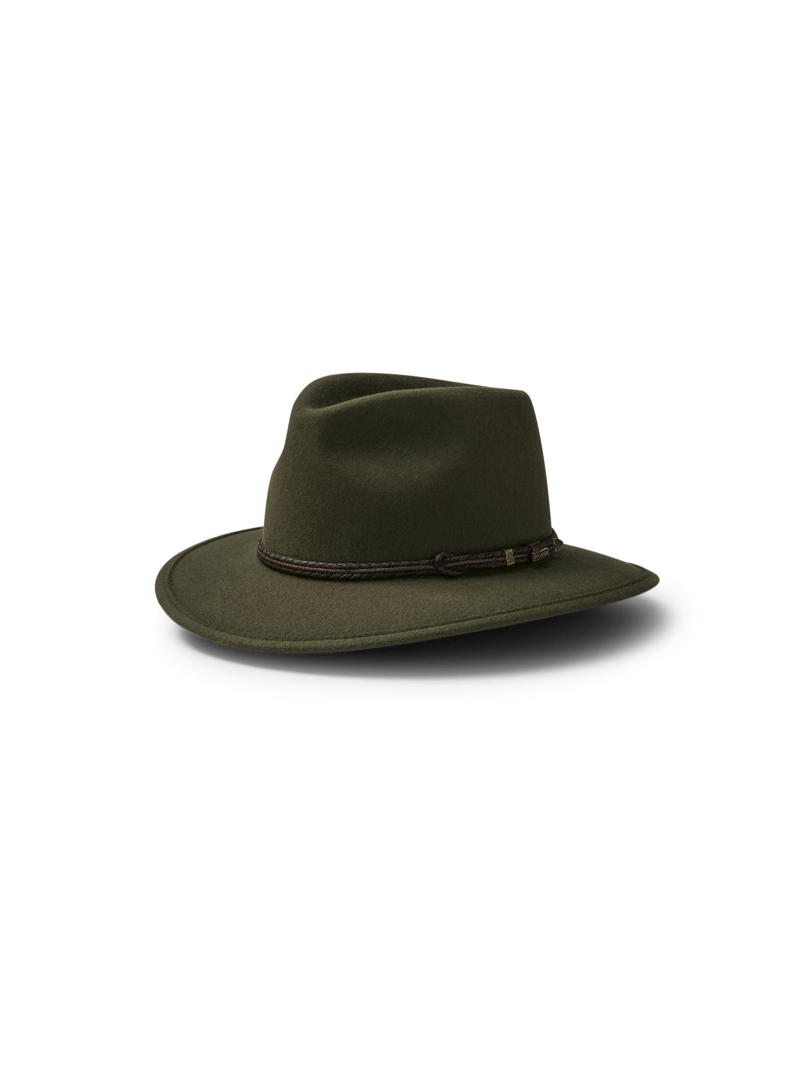 The Unisex Akubra Traveller Hat by Akubra is a dark green, wide-brimmed Australian-made hat with a braided leather band, shown on a white background.