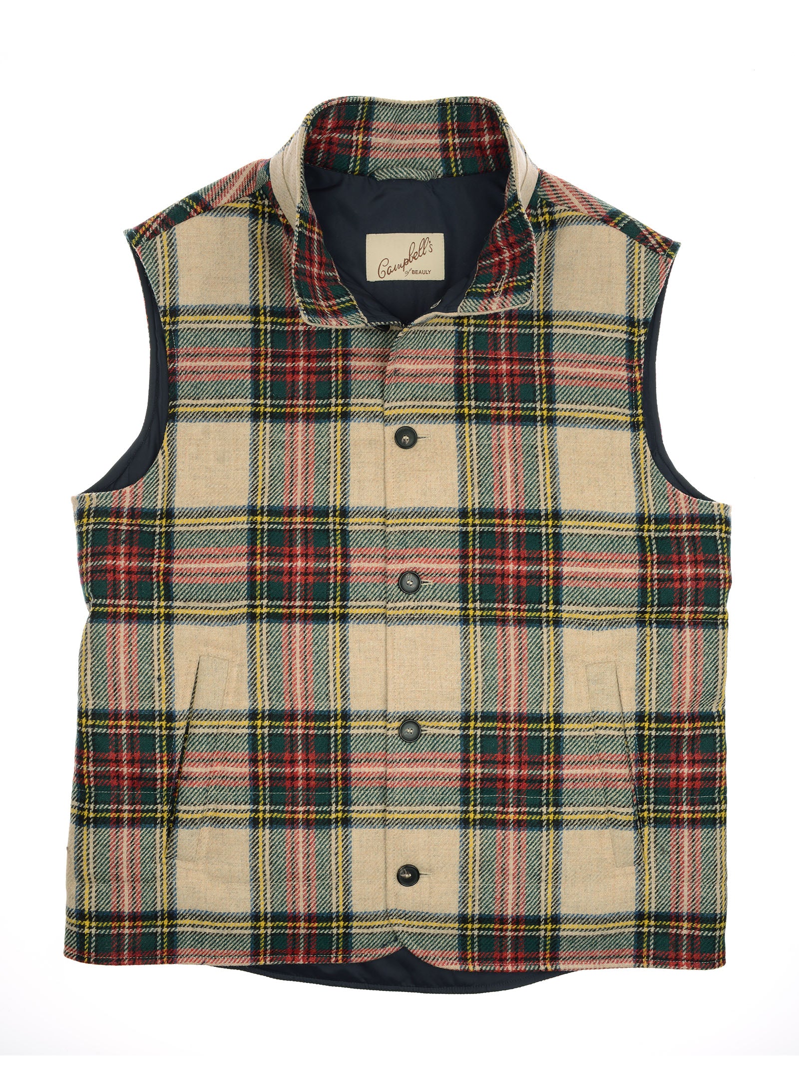 Quilted Tartan Buttoned Gilet by Campbell's of Beauly in Antique Dress Stewart color, featuring a sleeveless design, buttoned front, and an interior fabric label, shown laid flat on a white background.