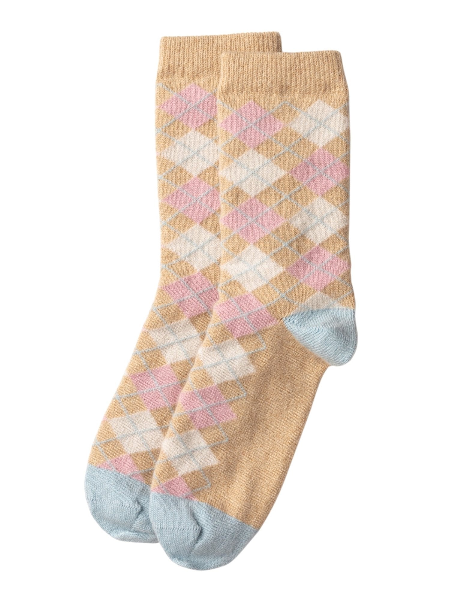 A pair of Campbell’s of Beauly Cashmere Argyle Socks in Natural, featuring a pink, white, and yellow argyle pattern with light blue heels and toes, displayed against a white background.