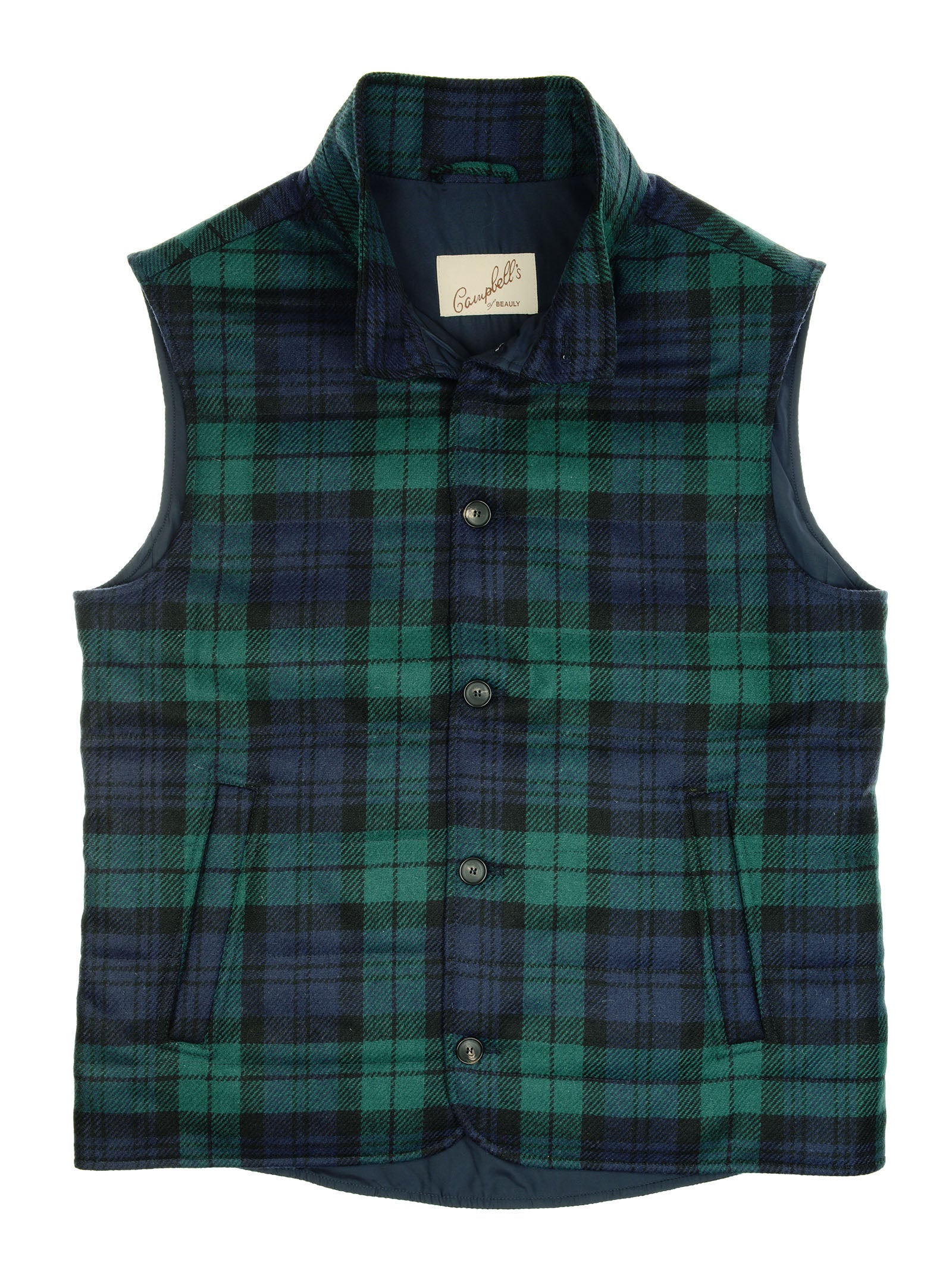The Quilted Tartan Buttoned Gilet by Campbell's of Beauly features a sleeveless design in a Blackwatch plaid pattern, complete with a button-up front and a folded collar.