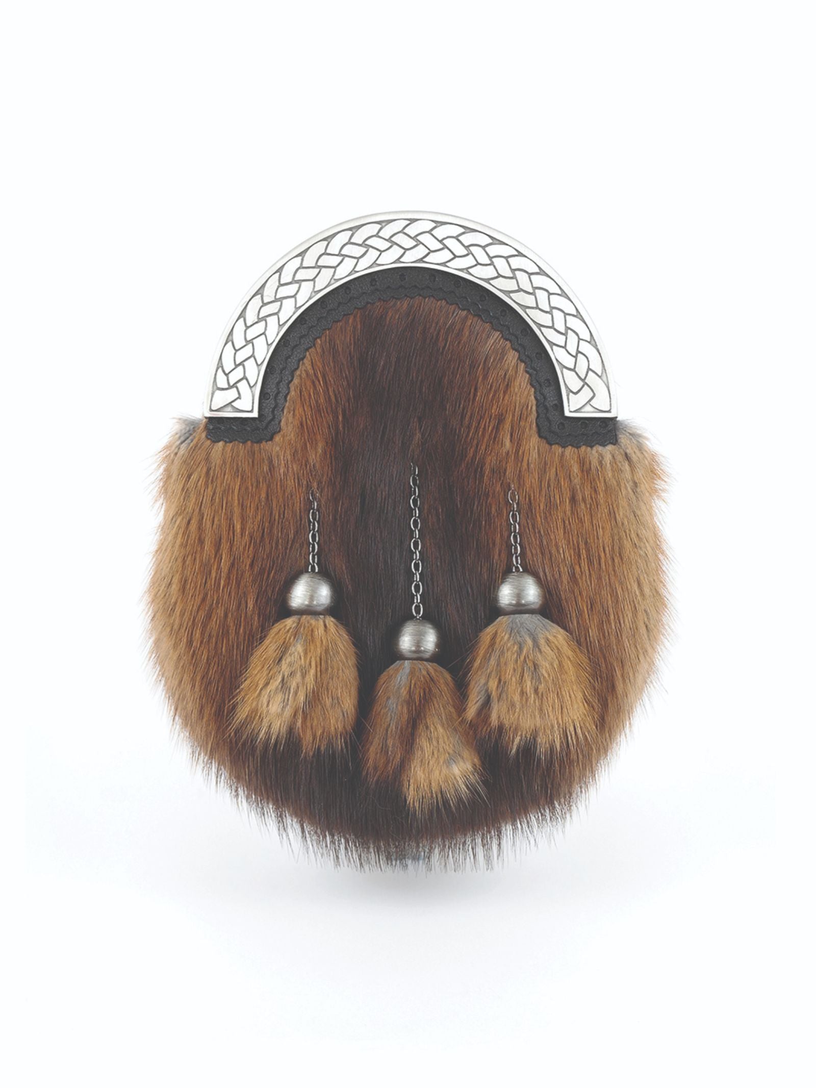 The Brown Musquash Sporran by Campbell's of Beauly features brown fur, a silver decorative top, and three fur tassels hanging from chains in traditional Scottish style.