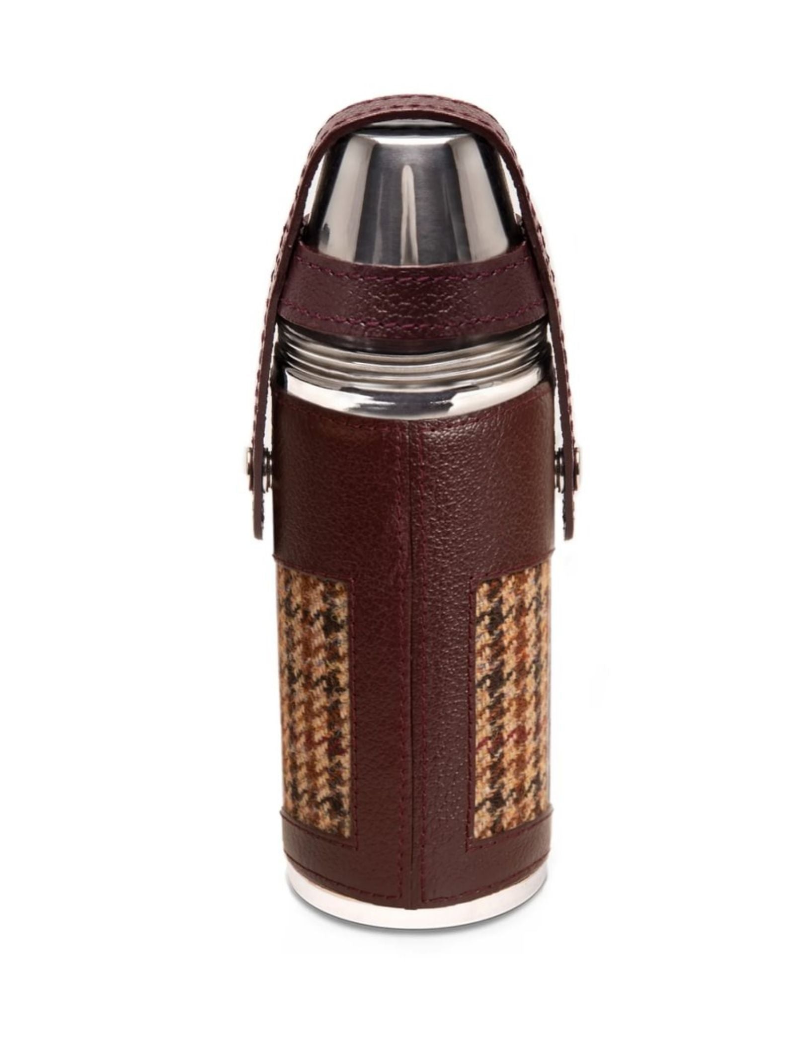 The 8oz Bordeaux Hunter Flask by Campbell's of Beauly x Ettinger pairs stainless steel with brown Capra goat leather and plaid fabric, complete with a handle and shiny metal cup lid—a tribute to classic British craftsmanship.