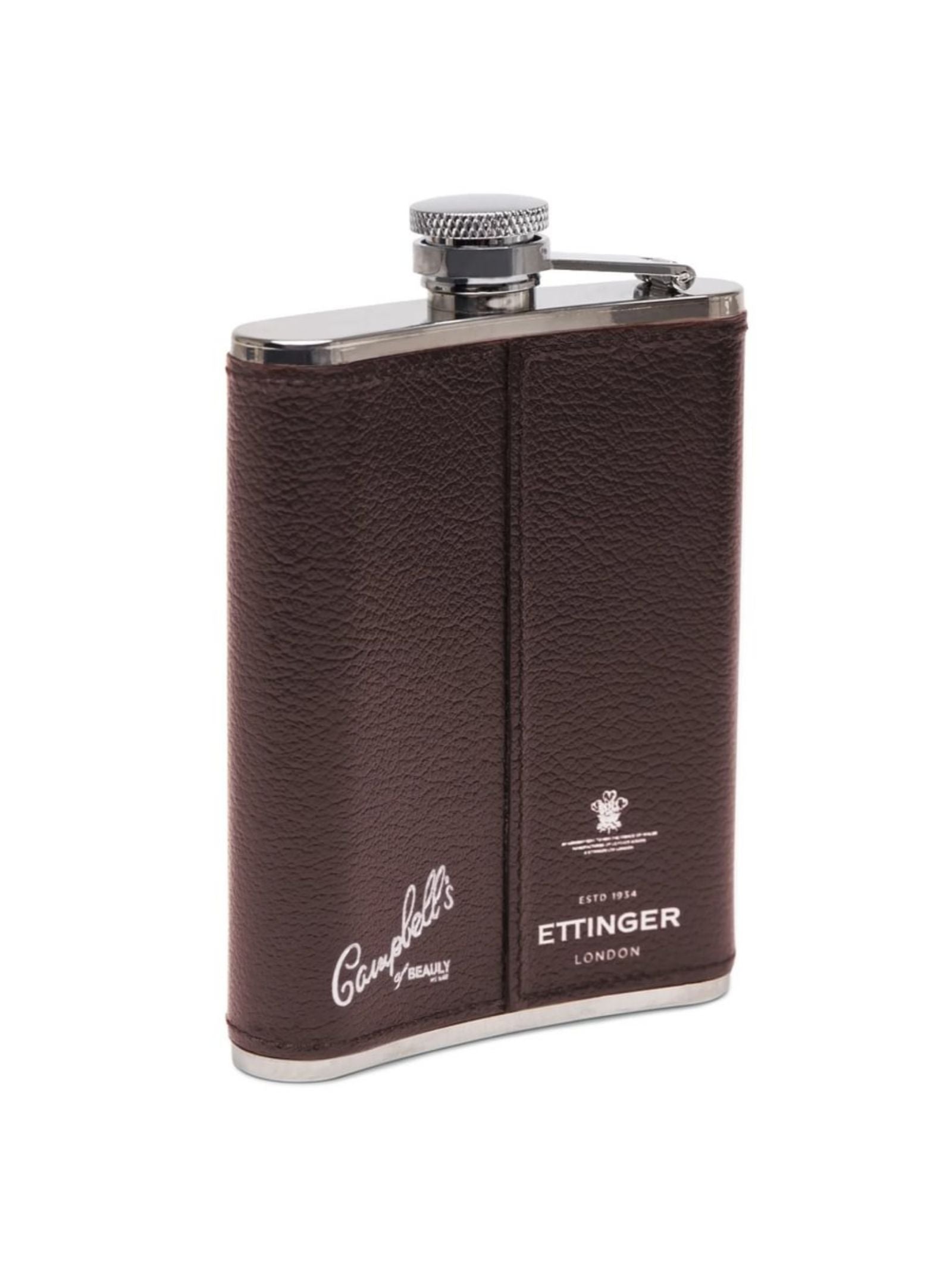 The 6oz Chocolate Hip Flask by Campbell's of Beauly x Ettinger is wrapped in dark brown Capra goat leather, features white front branding, a hinged screw cap, and showcases refined British craftsmanship.