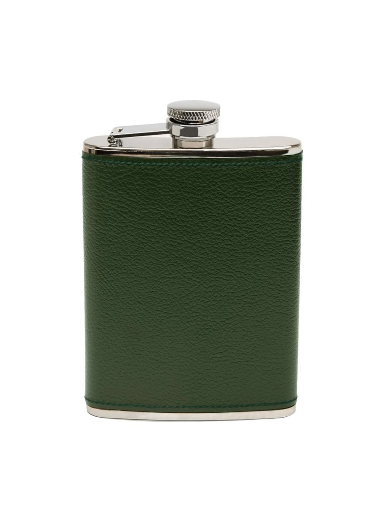 The 6oz Forest Green Hip Flask by Campbell's of Beauly x Ettinger features stainless steel wrapped in Capra goat leather, with a silver screw cap and trim, highlighting British craftsmanship against a plain white background.
