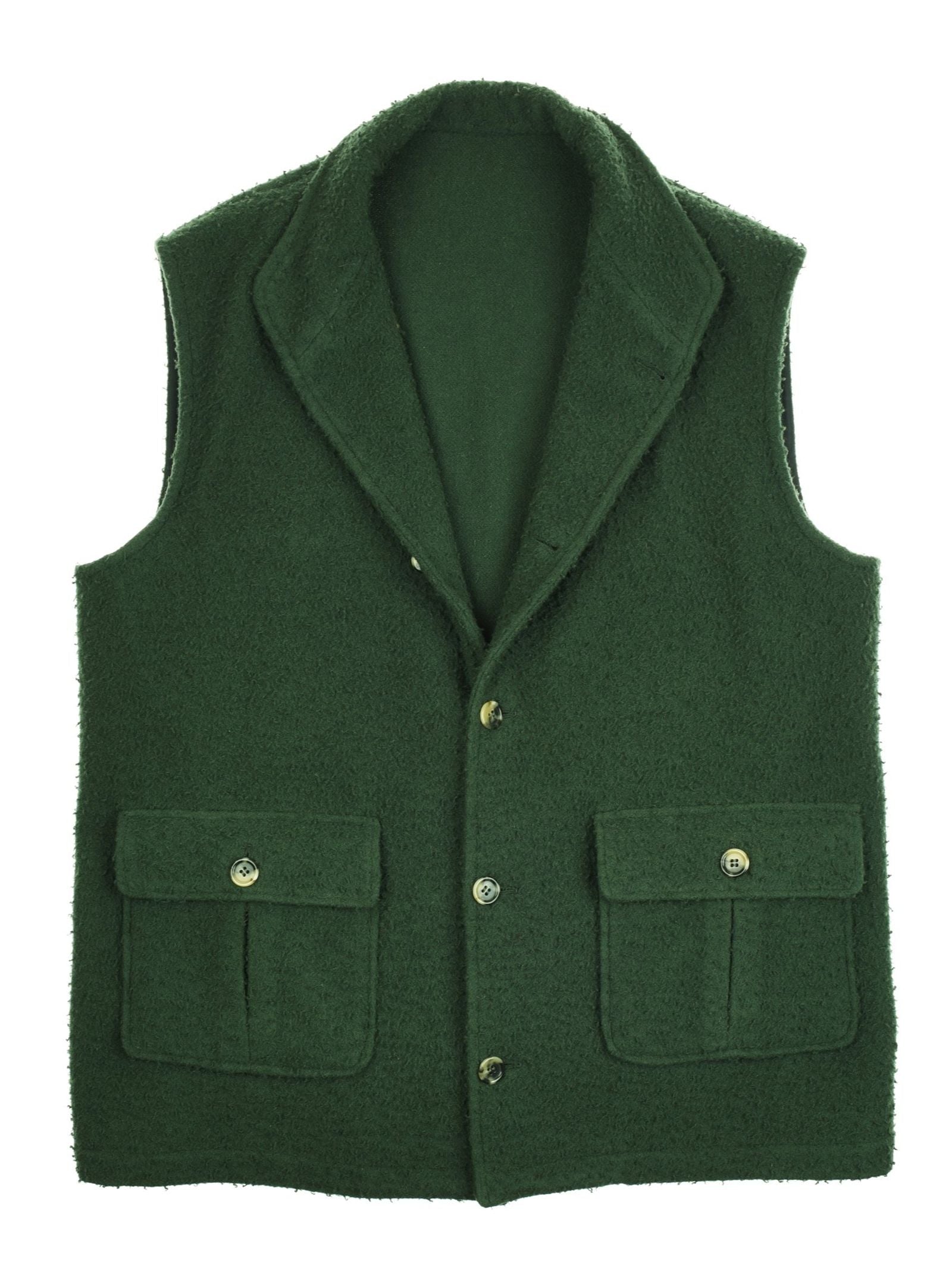 Campbell’s of Beauly Casentino Fleece Gilet in dark green features a sleeveless design with a notched collar, two front buttons, and two large buttoned flap pockets on the lower front.