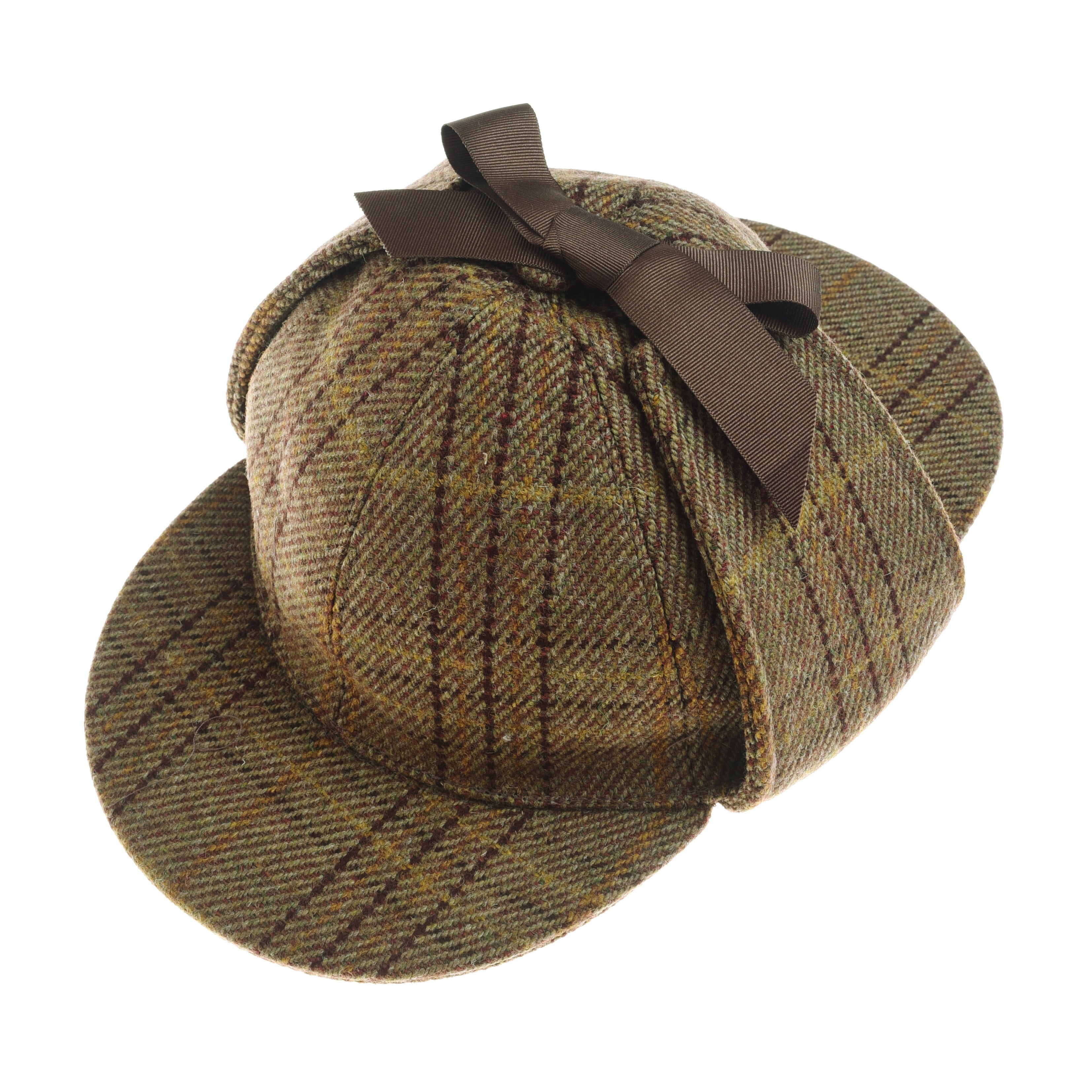 The Campbells of Beauly Sherlock Holmes Hat features brown tweed with a plaid pattern, ear flaps, short brims, and a dark brown ribbon bow for classic charm. The cap is shown isolated on a white background.