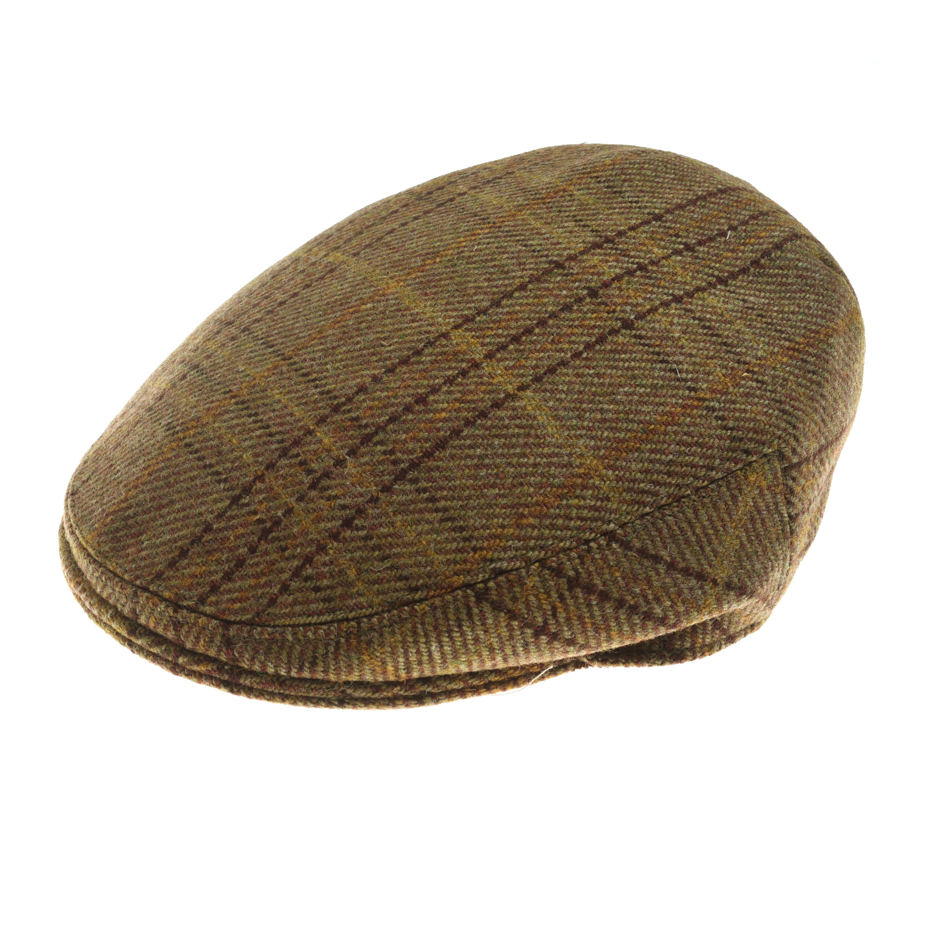 The Conon Cap by Campbells of Beauly is a brown British tweed flat cap with a subtle plaid in brown and olive tones, a rounded shape, and a short stiff front brim, shown against a white background.