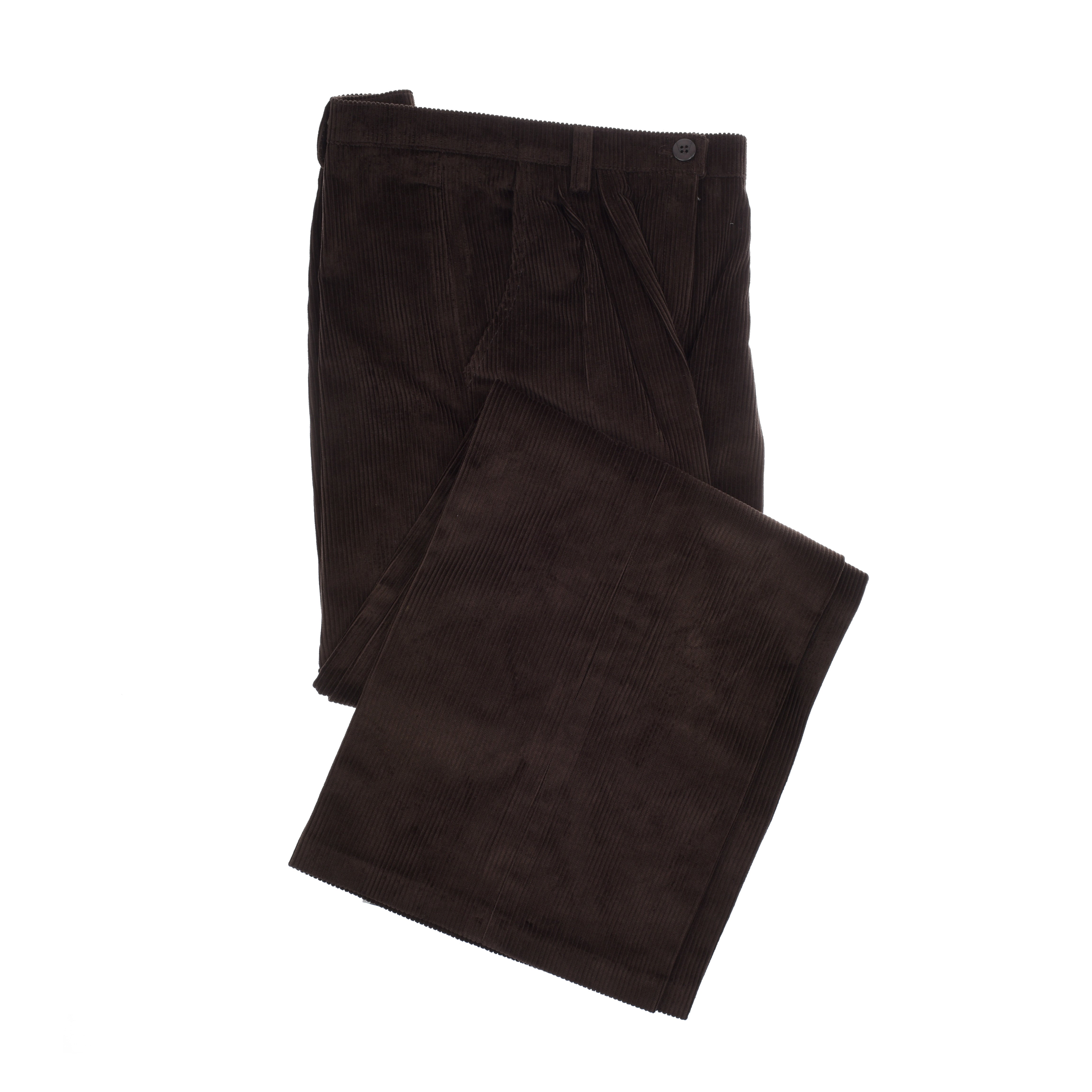 The Campbells of Beauly Wide Leg Cords, crafted from 100% cotton Brisbane Moss corduroy in dark brown, are shown neatly folded on a white background, highlighting the waistband with belt loops, button closure, and classic ribbed texture.