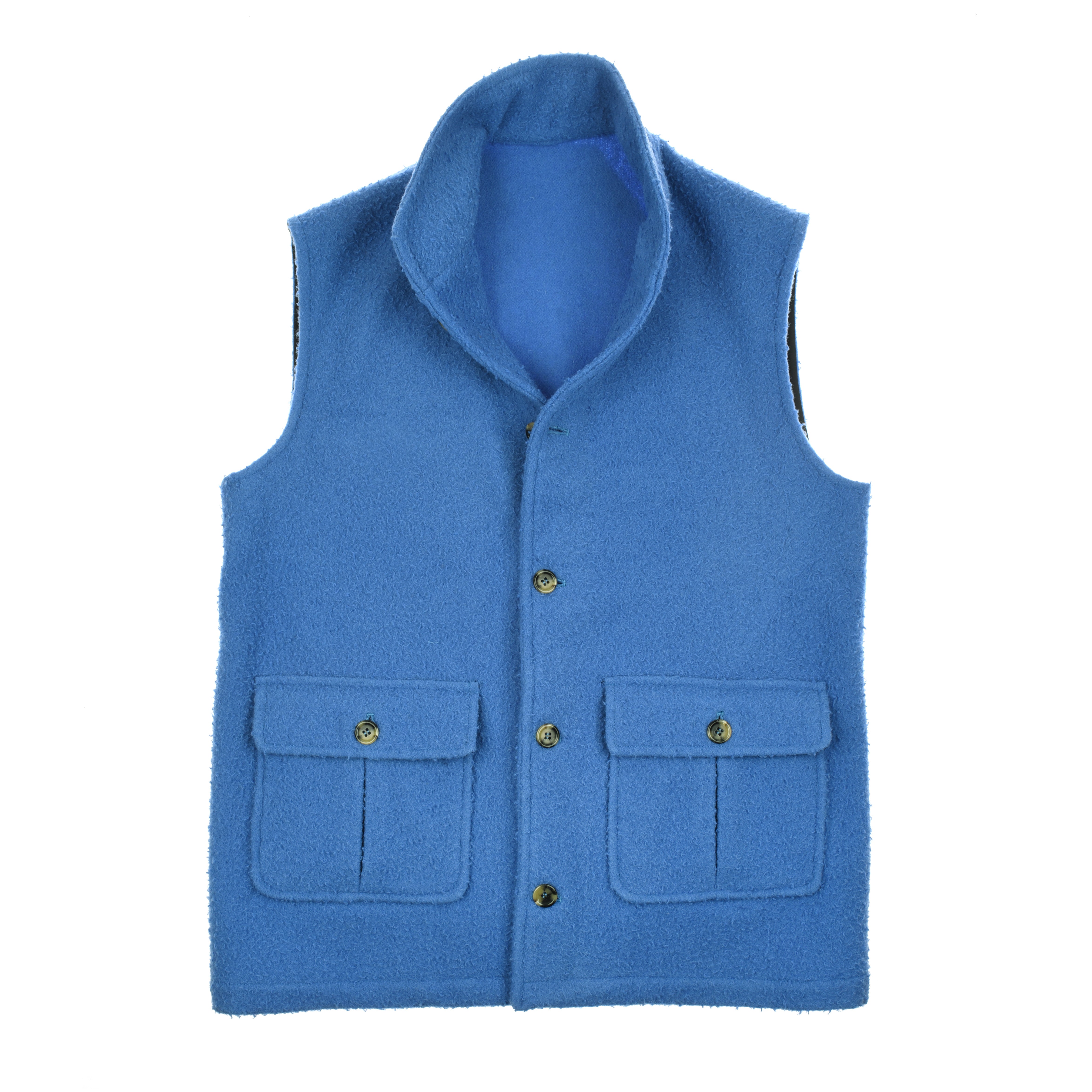 The Casetino Fleece Gilet by Campbells of Beauly is a sleeveless blue vest with a high collar, button closure, and two front flap pockets, shown flat on a white background to highlight its cozy design and soft boiled wool texture.
