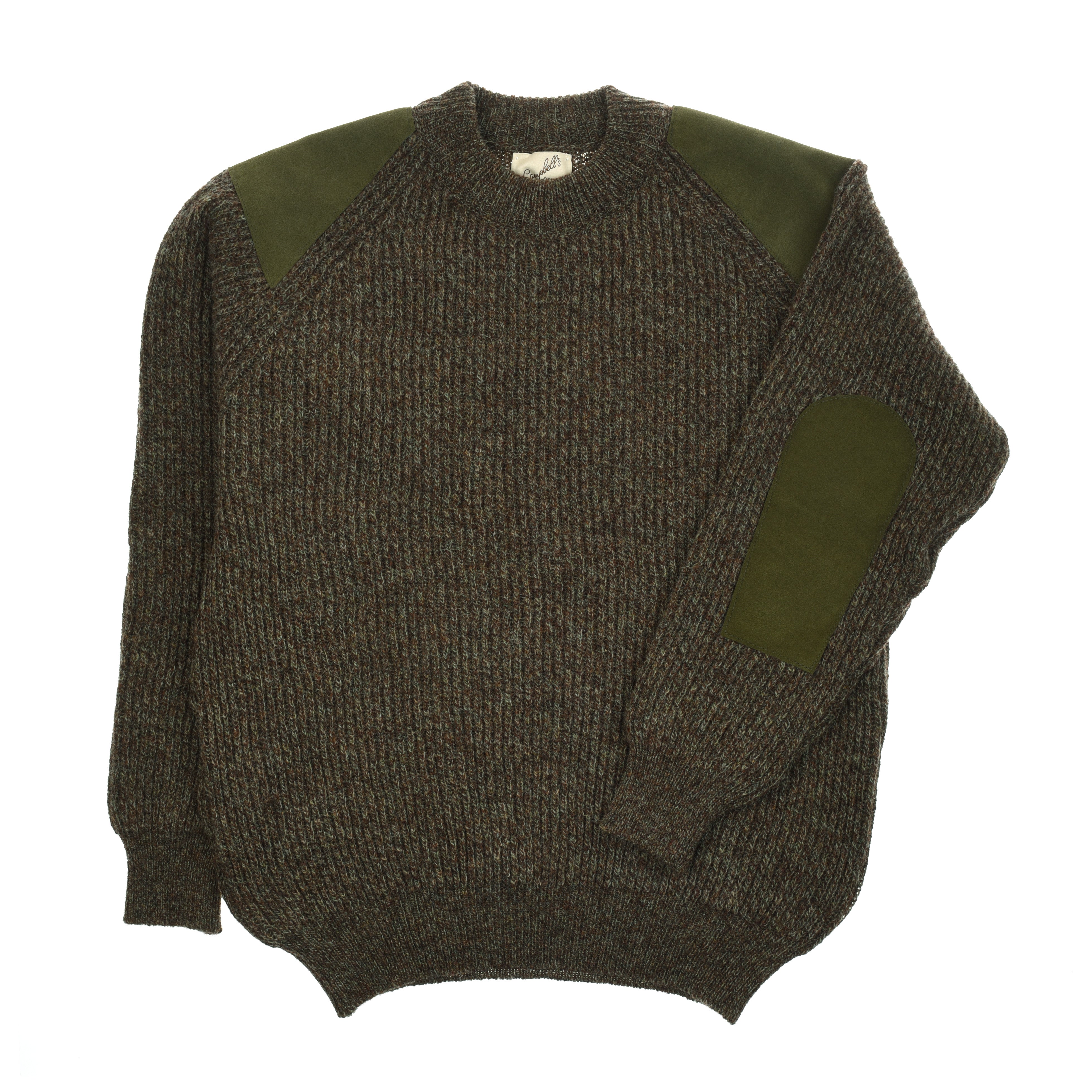 The Campbells of Beauly Scotia Suede Jumper is a brown wool sweater with green suede shoulder patches and a right elbow patch. It features a crew neckline, ribbed texture, and is shown laid flat on a white background.