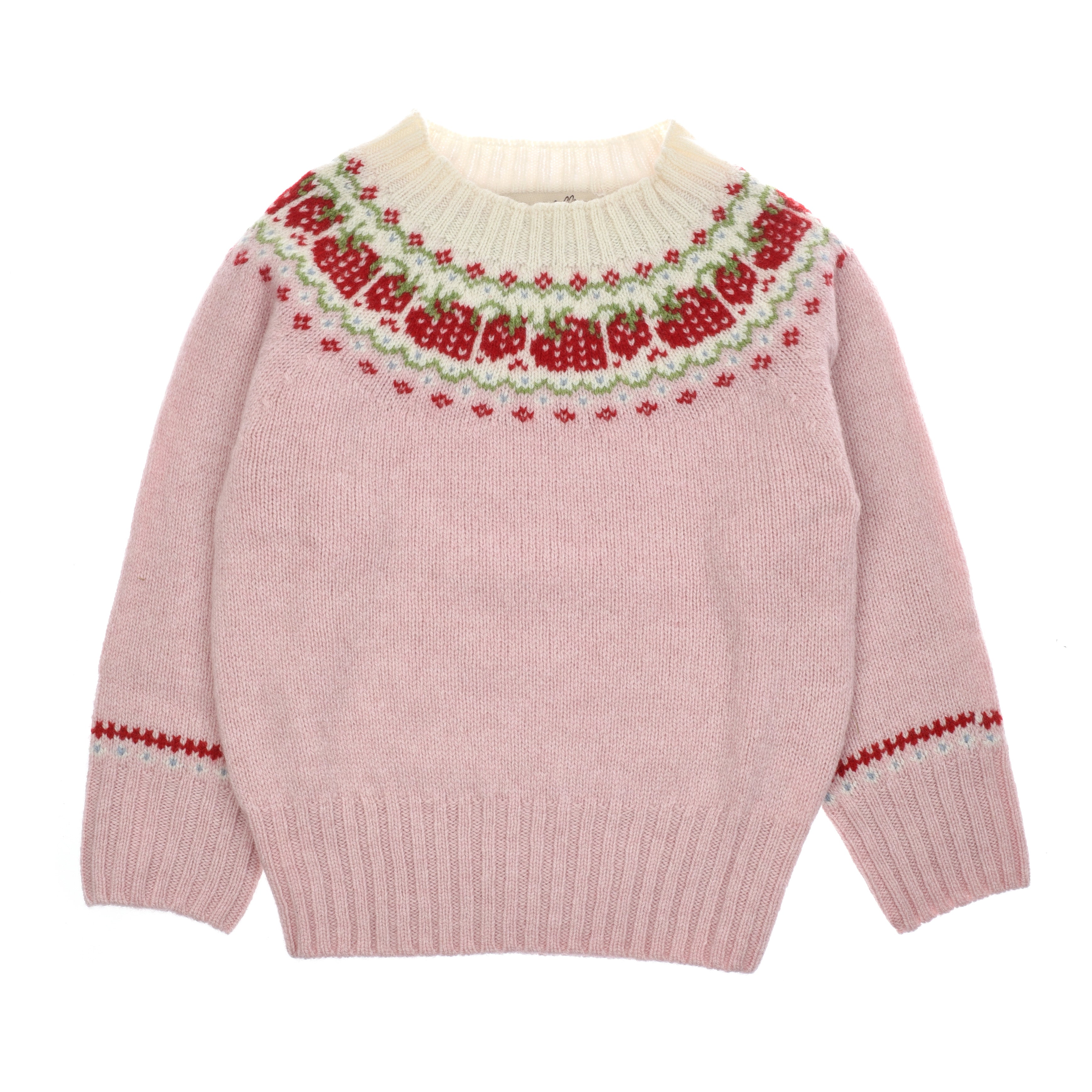 The Campbells of Beauly Mini Strawberry Yoke Jumper is a light pink Geelong lambswool knit with a cream, red, and green Fairisle yoke and matching red and green cuff details, shown flat on a white background.