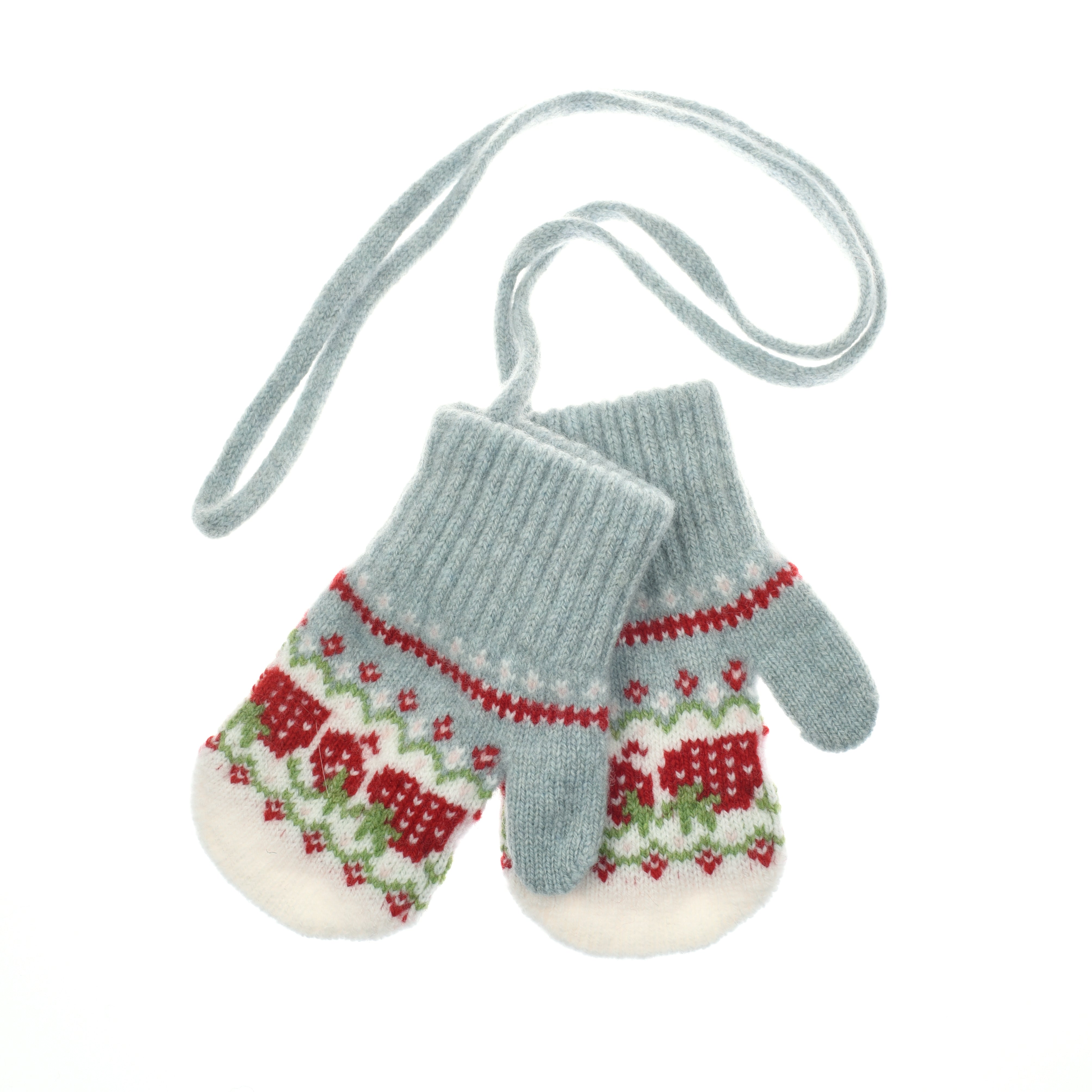 Campbells of Beauly Mini Lambswool Strawberry Mittens: soft light blue mittens with festive red and green patterns, white cuffs, and a connecting string—perfect for winter fun, shown laid flat on a white background.