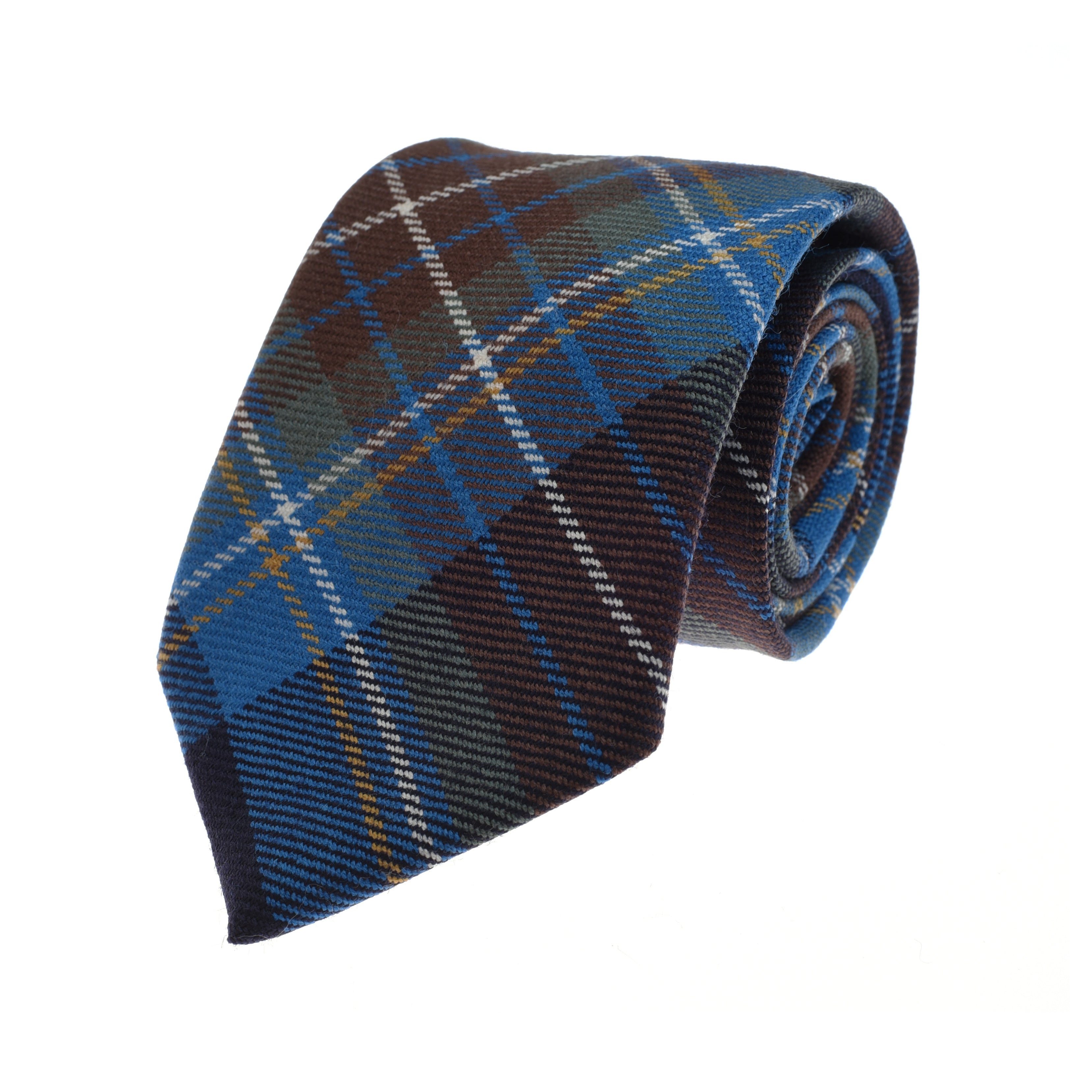 The Campbells of Beauly Tartan Tie is a fine wool necktie featuring a blue, brown, black, white, and yellow plaid pattern with a woven texture—ideal for formalwear and shown rolled up on a white background.