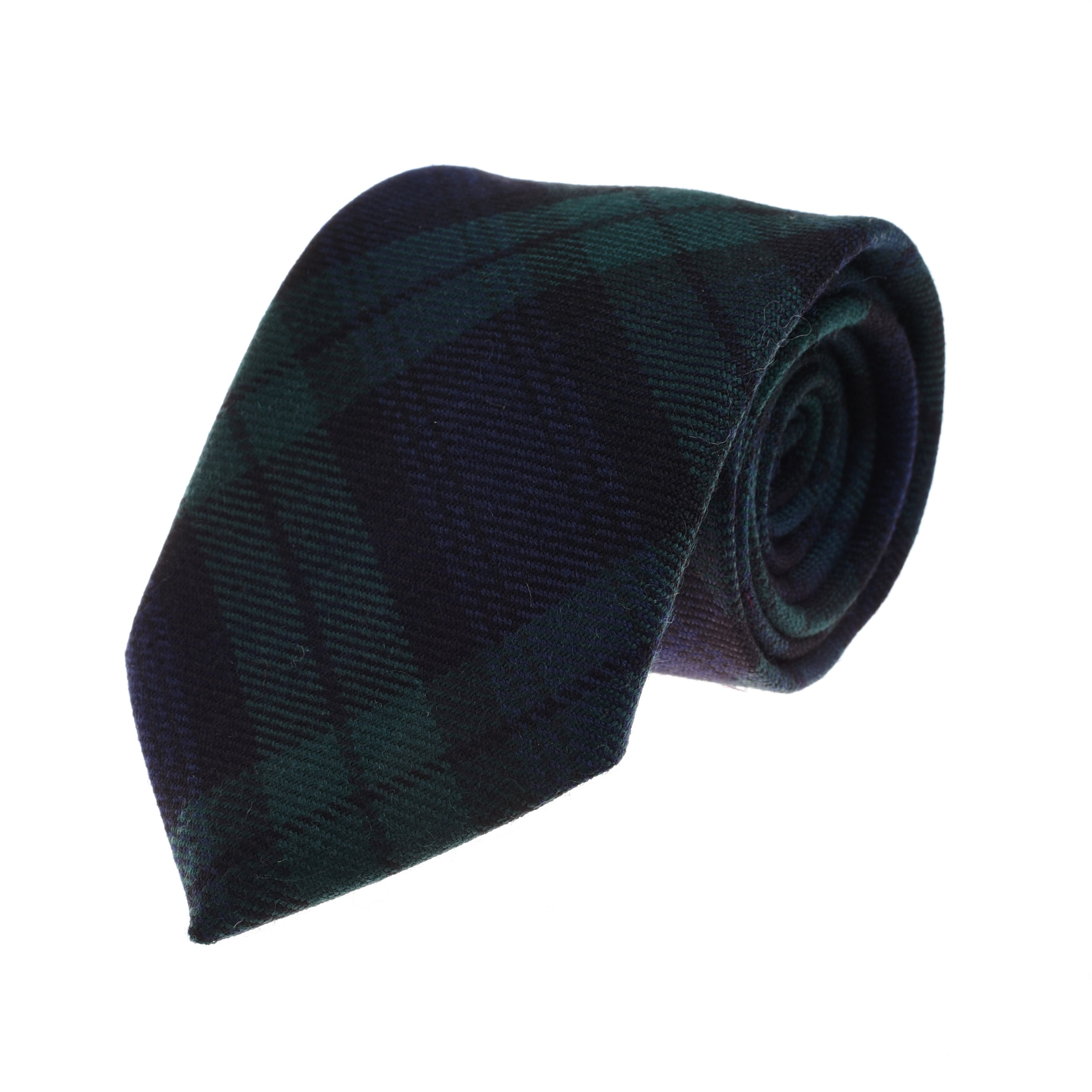 The Campbells of Beauly Tartan Tie is a fine wool necktie in dark green and navy blue plaid, with a soft matte texture and neat edges—perfect for formalwear. Displayed rolled up on a white background.