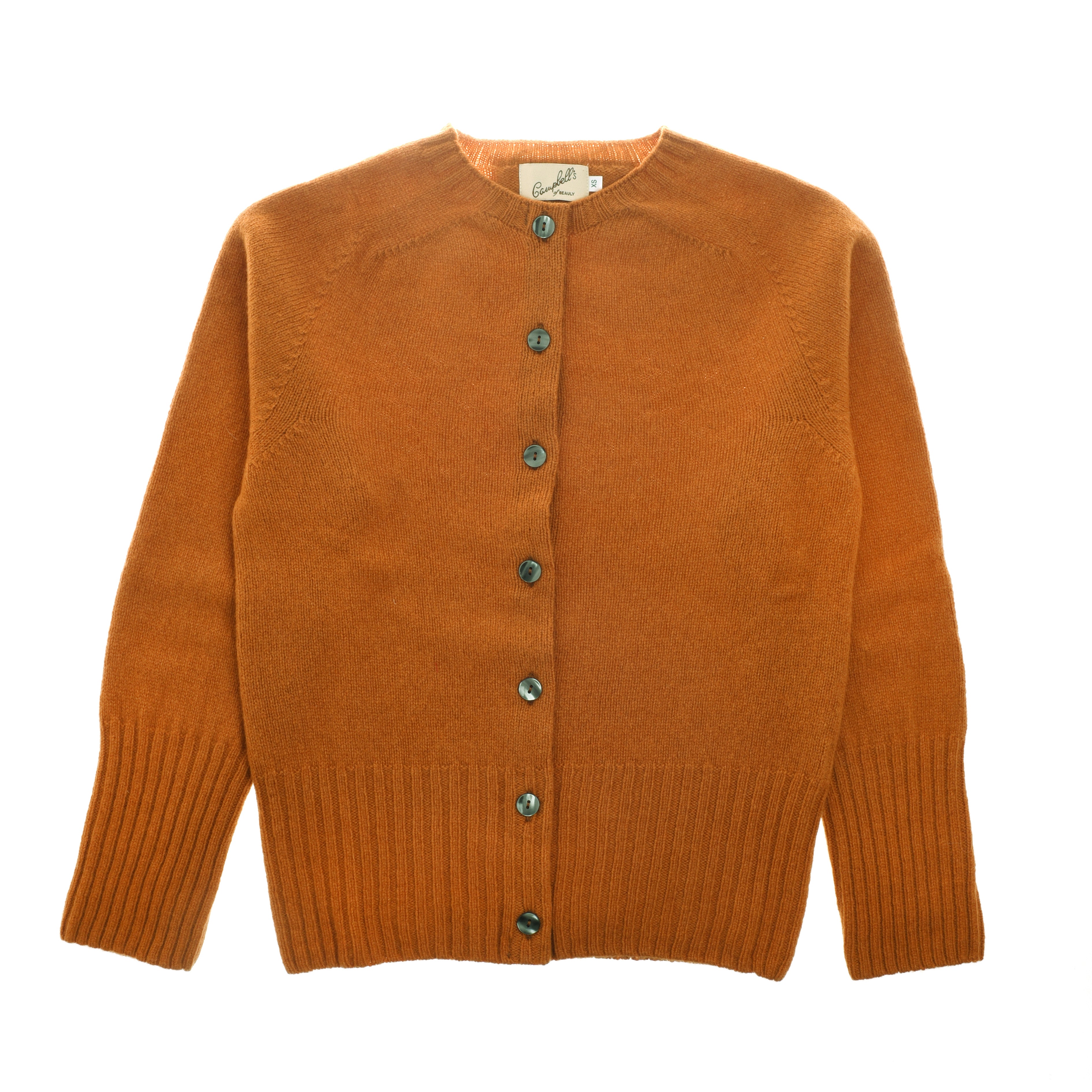 Campbells of Beauly Crew Cardigan: burnt orange long-sleeve crew neck with ribbed cuffs and hem, black front buttons, Geelong lambswool blend, and a beige neck label.