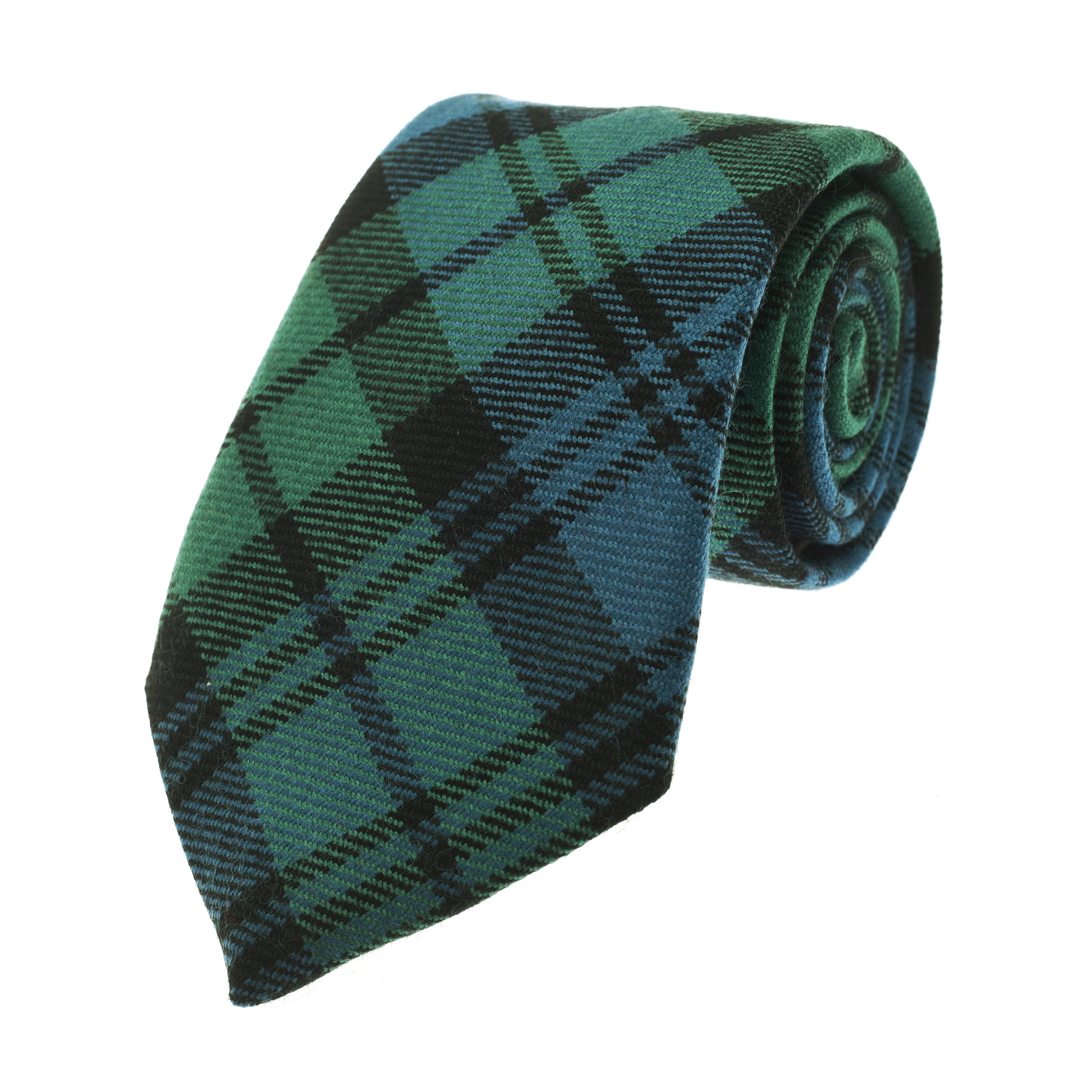 The Campbells of Beauly Tartan Tie, crafted from fine wool with a green and blue tartan plaid pattern and pointed end, is neatly rolled on a white background—ideal for formal occasions.