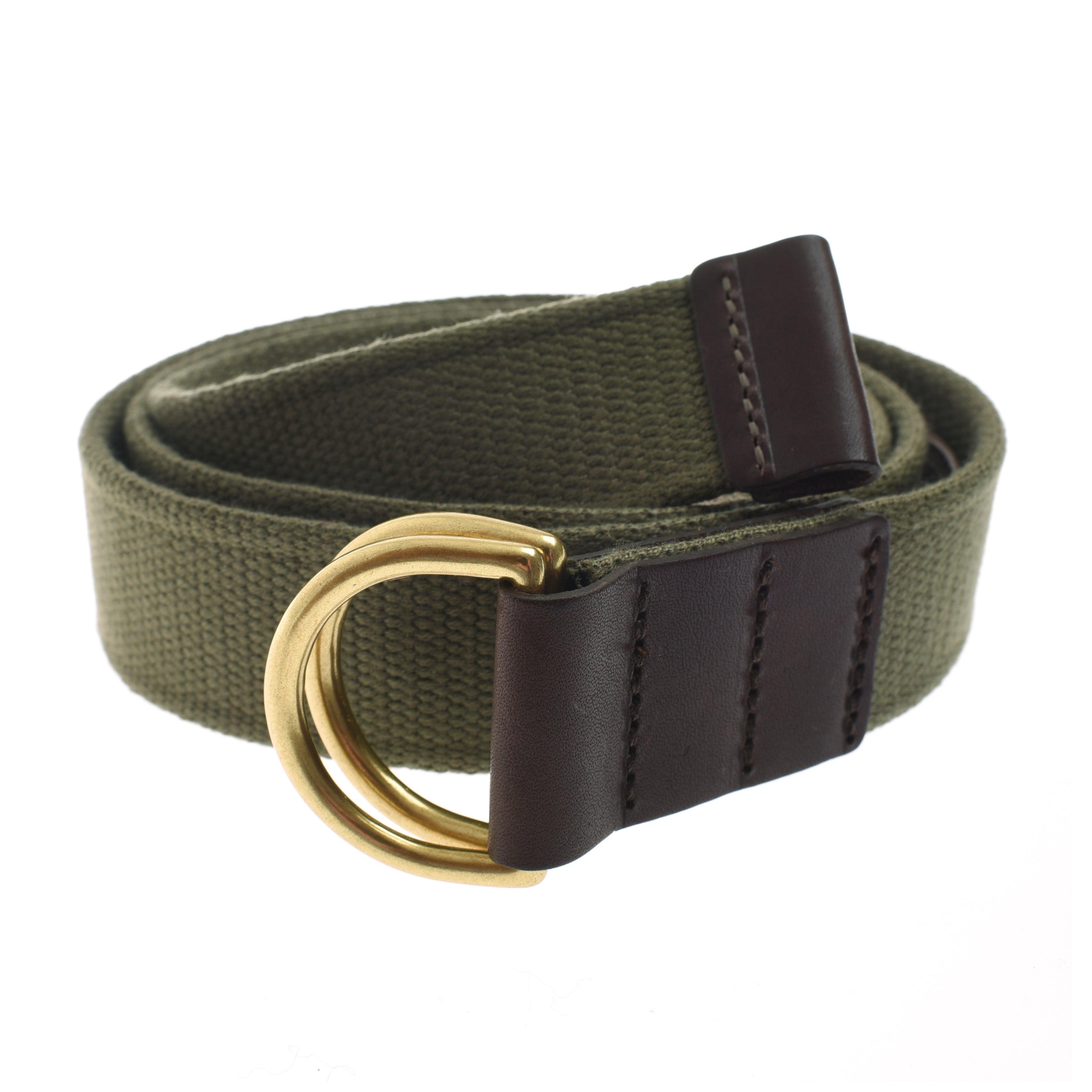 The Campbells of Beauly Mini Belt is a rolled olive green kids canvas belt with dark brown leather accents and a gold-colored double D-ring buckle, shown on a white background.