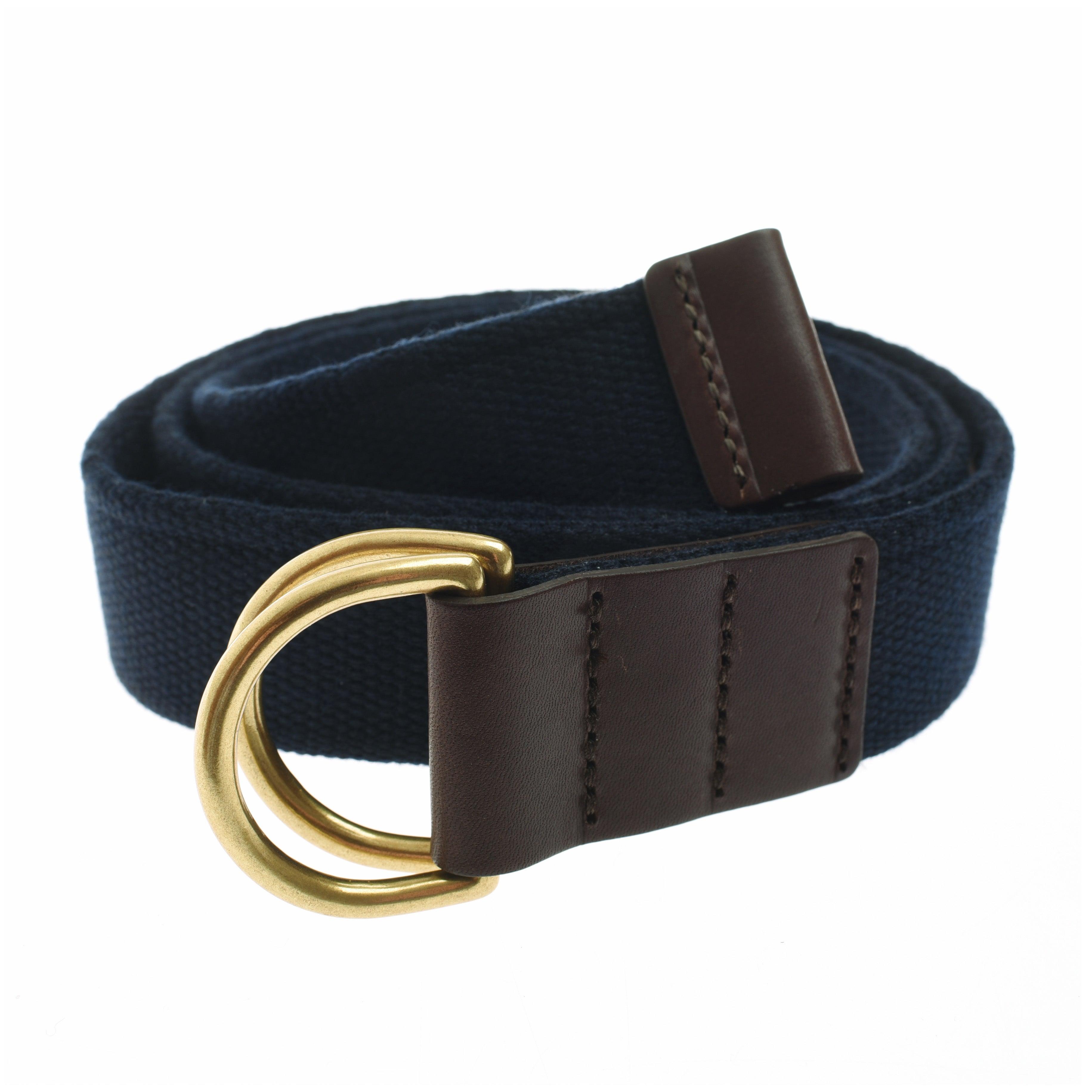 The Campbells of Beauly Mini Belt is a coiled navy blue durable canvas belt with dark brown real leather ends, visible stitching, and a double D-ring brass buckle, shown on a plain white background.