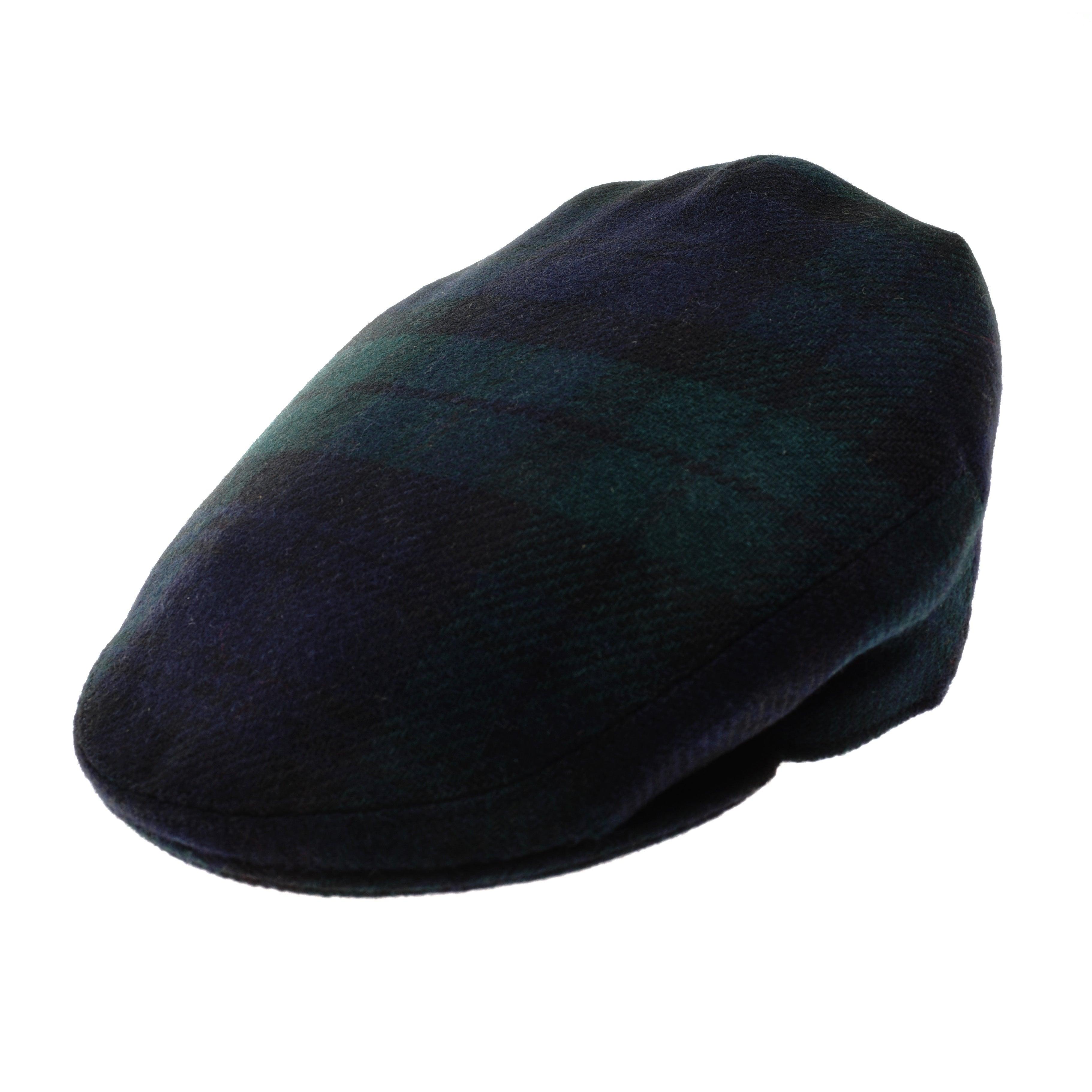 The Blackwatch Tartan Conon Cap by Campbells of Beauly features classic navy blue and green tartan with a rounded top and short stiff brim, offering a timeless British tweed style and subtly balanced plaid pattern.