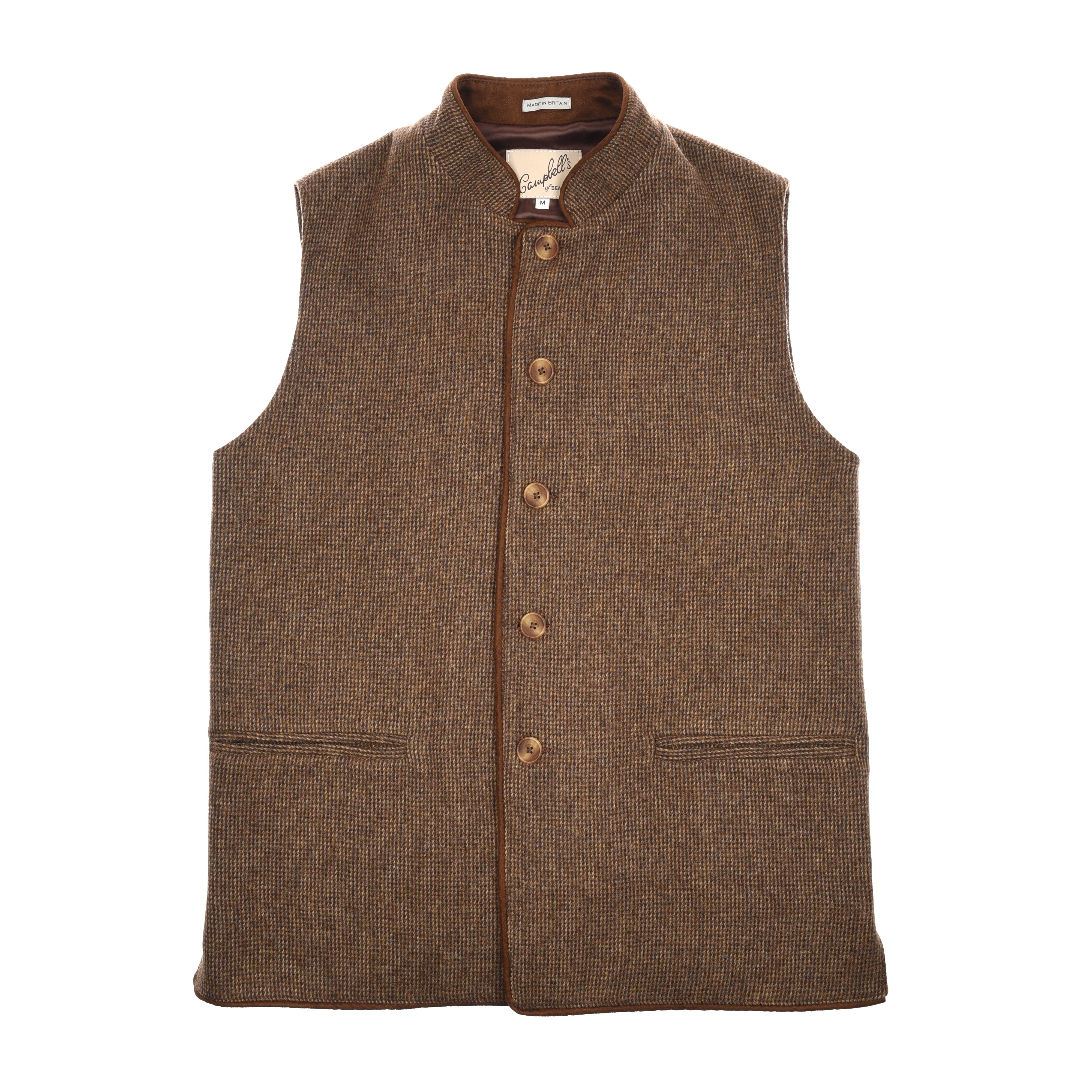 The Tweed Nehru Gilet by Campbells of Beauly is a brown wool vest with a textured pattern, stand collar, five wooden buttons, two side pockets, and suede-like trim—an elegant and versatile layering piece shown flat on white.