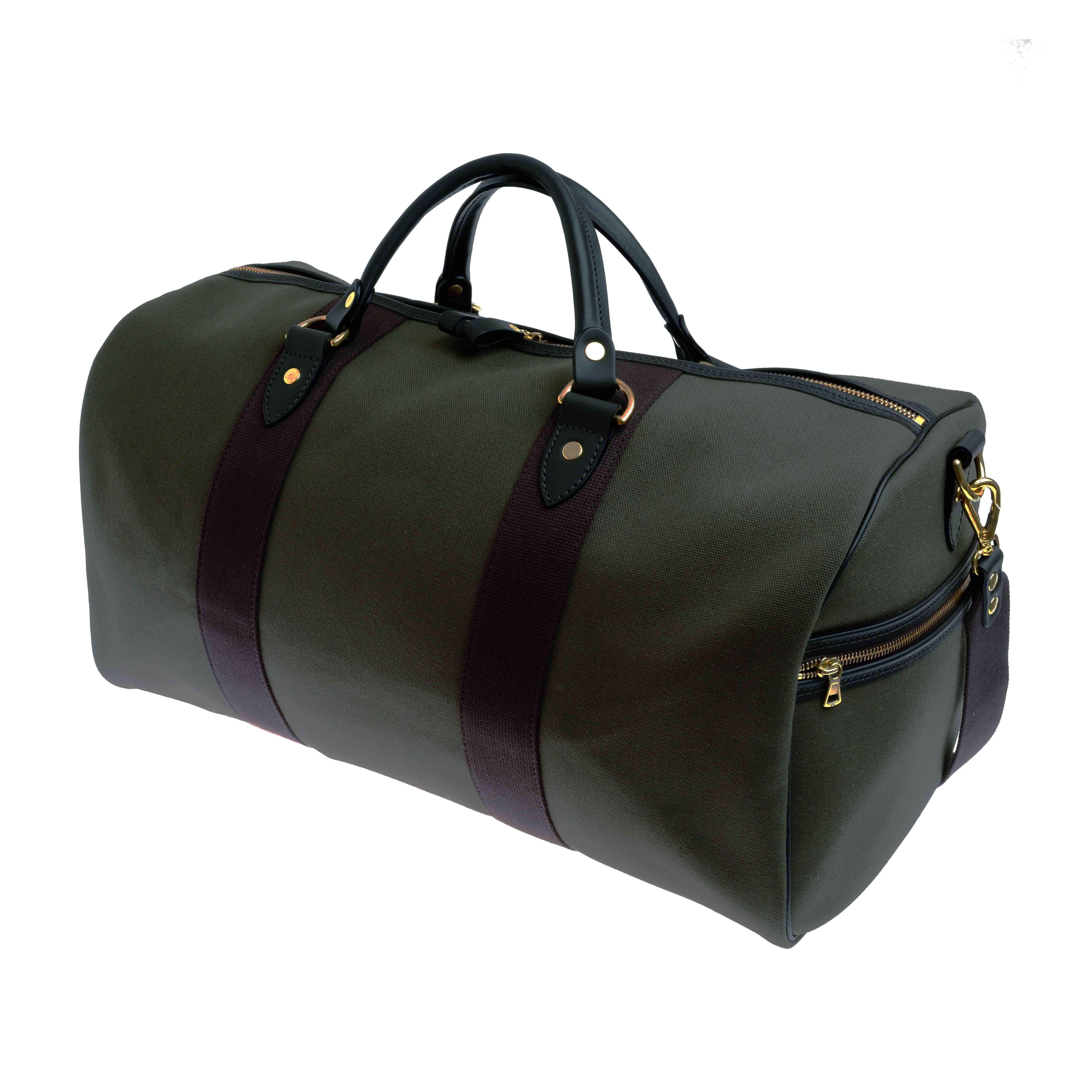 The Campbells of Beauly Hand Luggage Holdall is dark green with black vegetable-tanned leather handles and trim, gold hardware, and a side zippered pocket. Its rectangular shape has rounded edges and reinforced vertical straps. Shown on a white background.