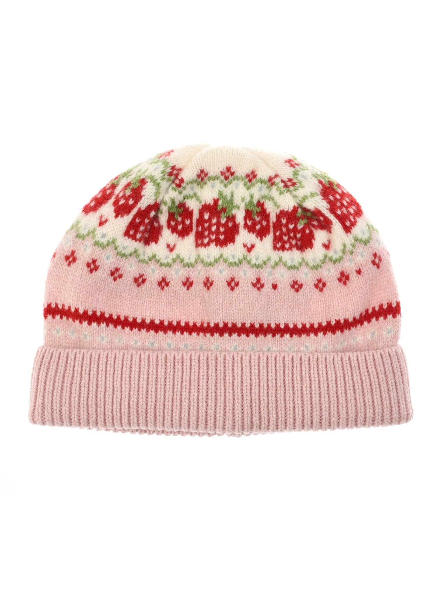 The Campbells of Beauly Lambswool Strawberry Hat in Rose is a soft knitted beanie with a folded brim and a strawberry-inspired fairisle pattern in red and green on a light pink and cream background.