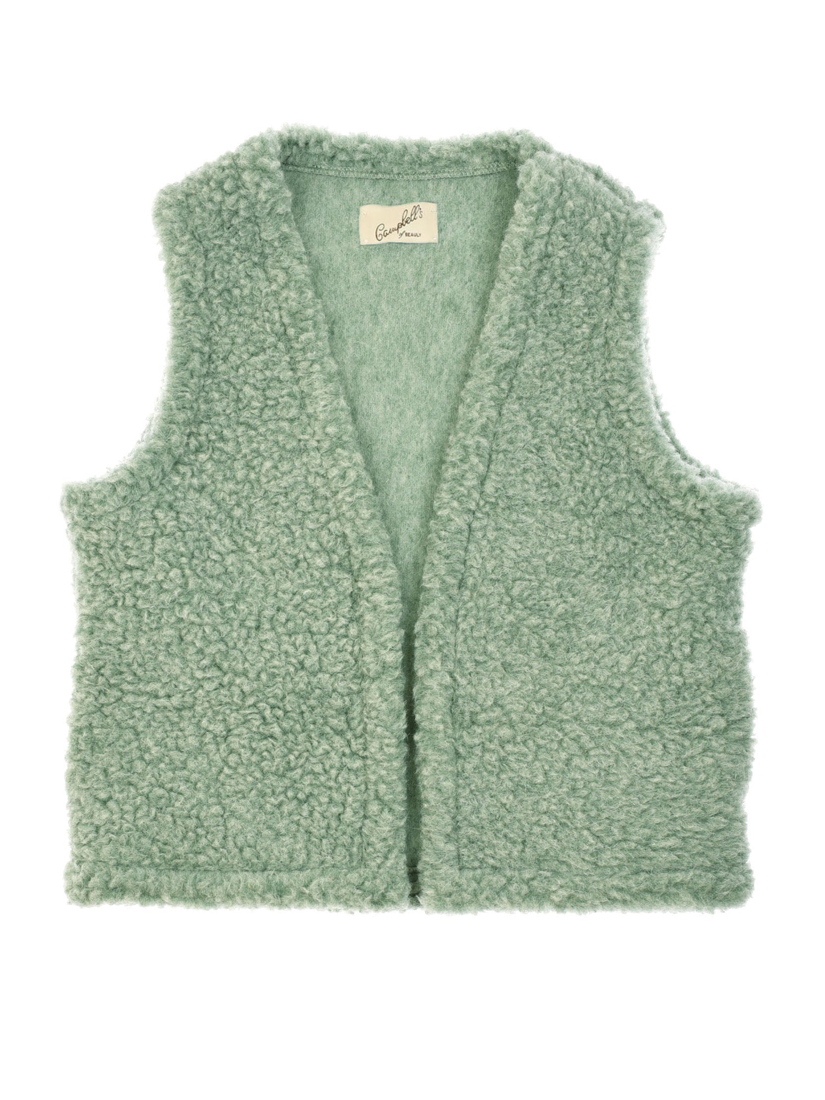 The Campbells of Beauly Wool Shrug is a sleeveless, open-front vest in soft, textured light sage green fleece, offering lightweight warmth and relaxed style. A small white label inside the collar adds a charming touch.