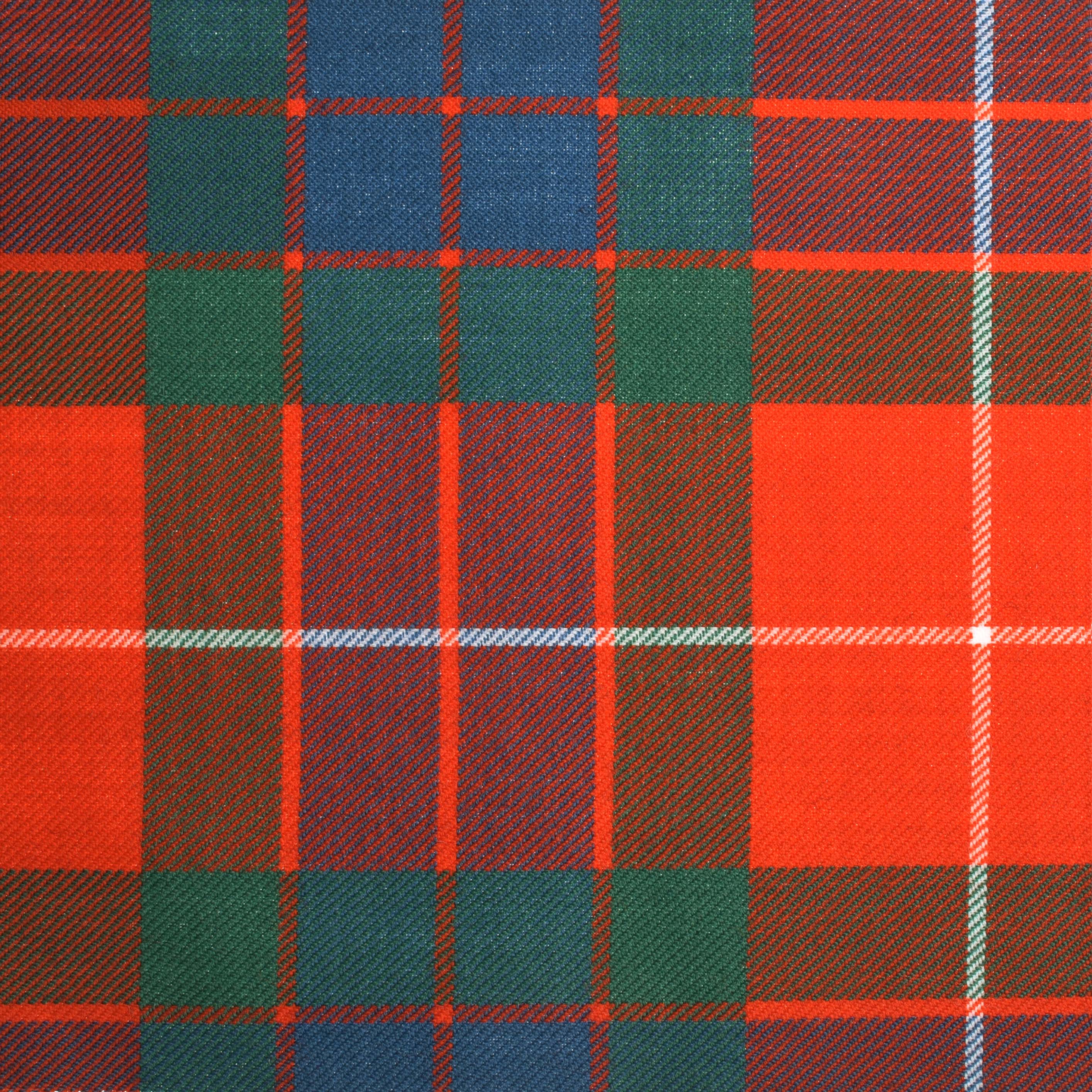 A close-up of Fraser Red Heavyweight Tartan by Campbells of Beauly, made from Pure New Wool. Red, green, blue, and white stripes create a classic plaid—ideal for authentic Scottish-inspired craft projects.