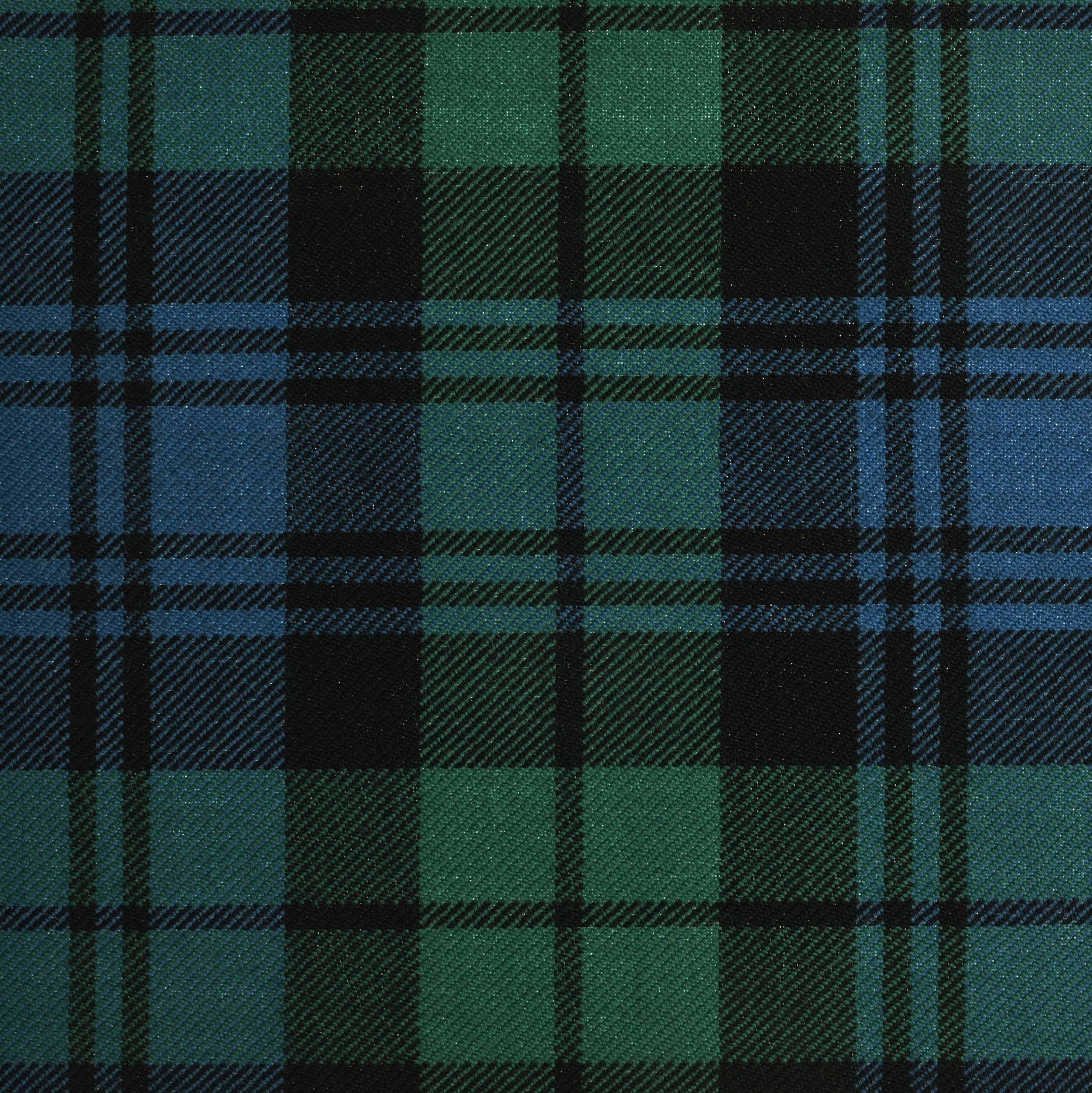 A close-up of Campbells of Beauly Campbell Clan Heavyweight Tartan shows its dark green, navy blue, and black plaid in pure new wool—a classic Scottish fabric ideal for traditional kilts.