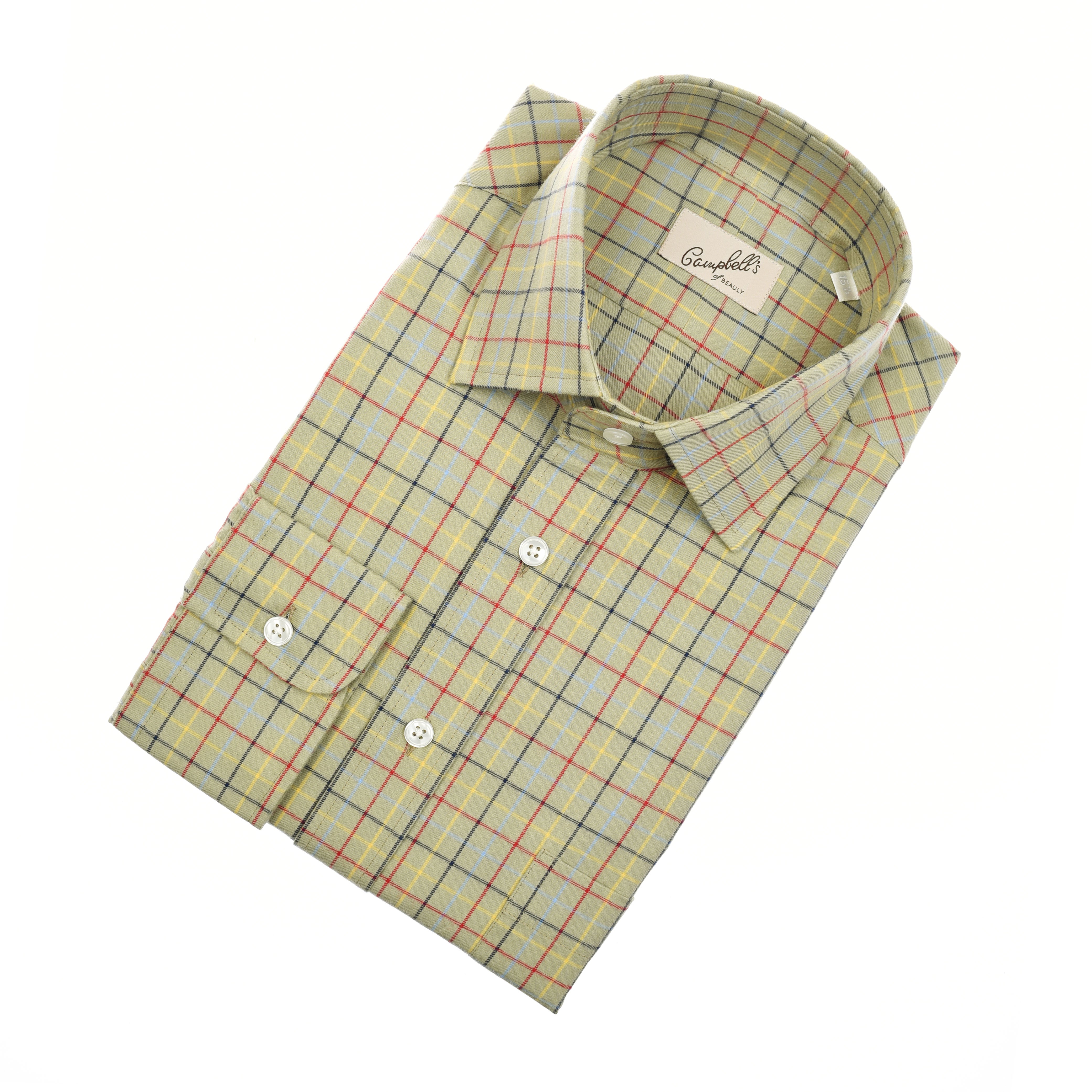 A folded Campbells of Beauly Windowpane Shirt in soft brushed cotton with a yellow plaid pattern (red, blue, green lines), white buttons, and a visible Ganpati label in the collar, photographed on a white background.
