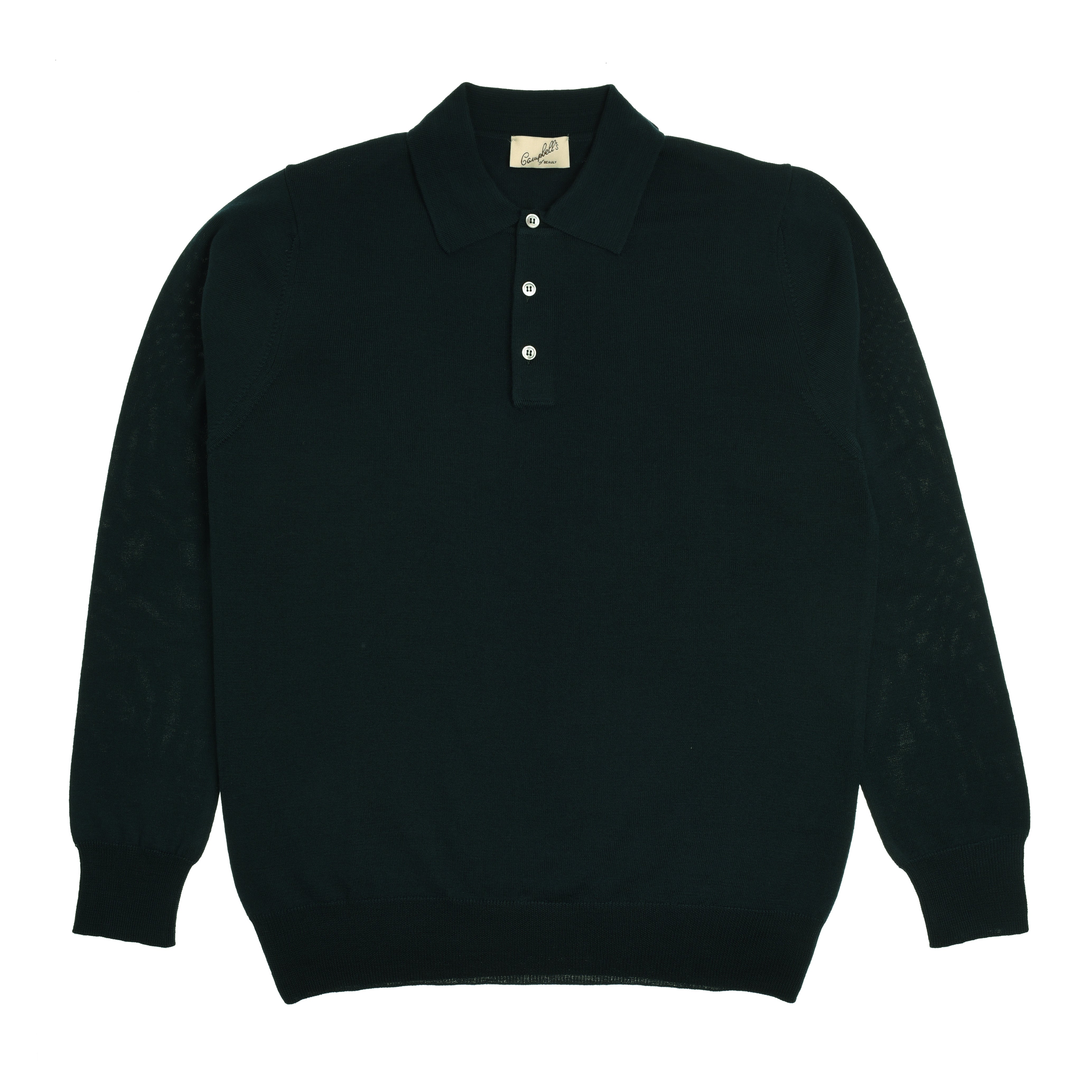 The Merino Shirt Jumper by Campbells of Beauly is a dark green, long-sleeve knit polo in Merino wool with a pointed collar, four white buttons, ribbed cuffs and hem, and an inner beige label, shown laid flat on a white background.