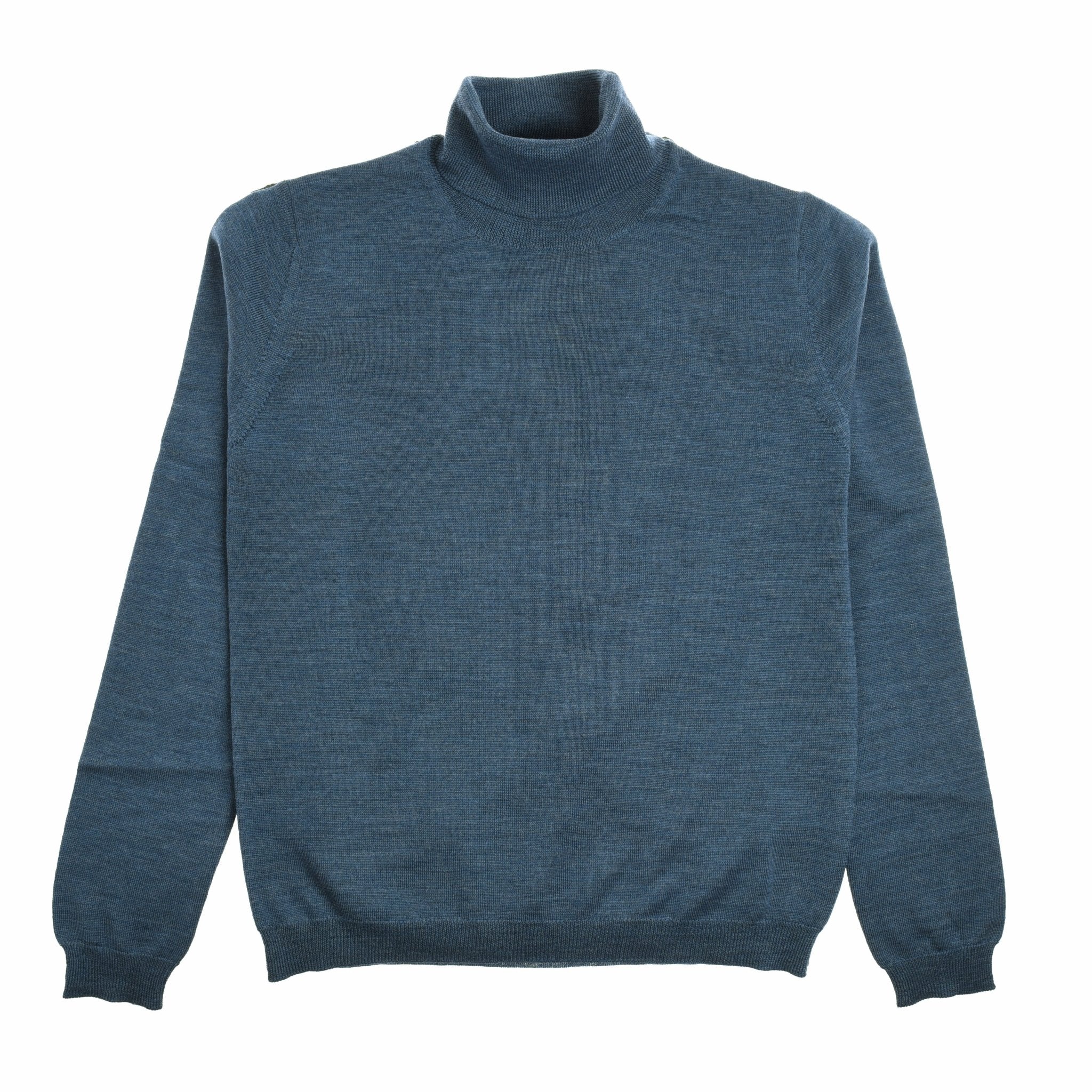 A Campbells of Beauly Merino Poloneck in Blue Mix is laid flat on a white background, highlighting its ribbed cuffs and waistband—perfect for smart layering and comfort in superfine merino wool.