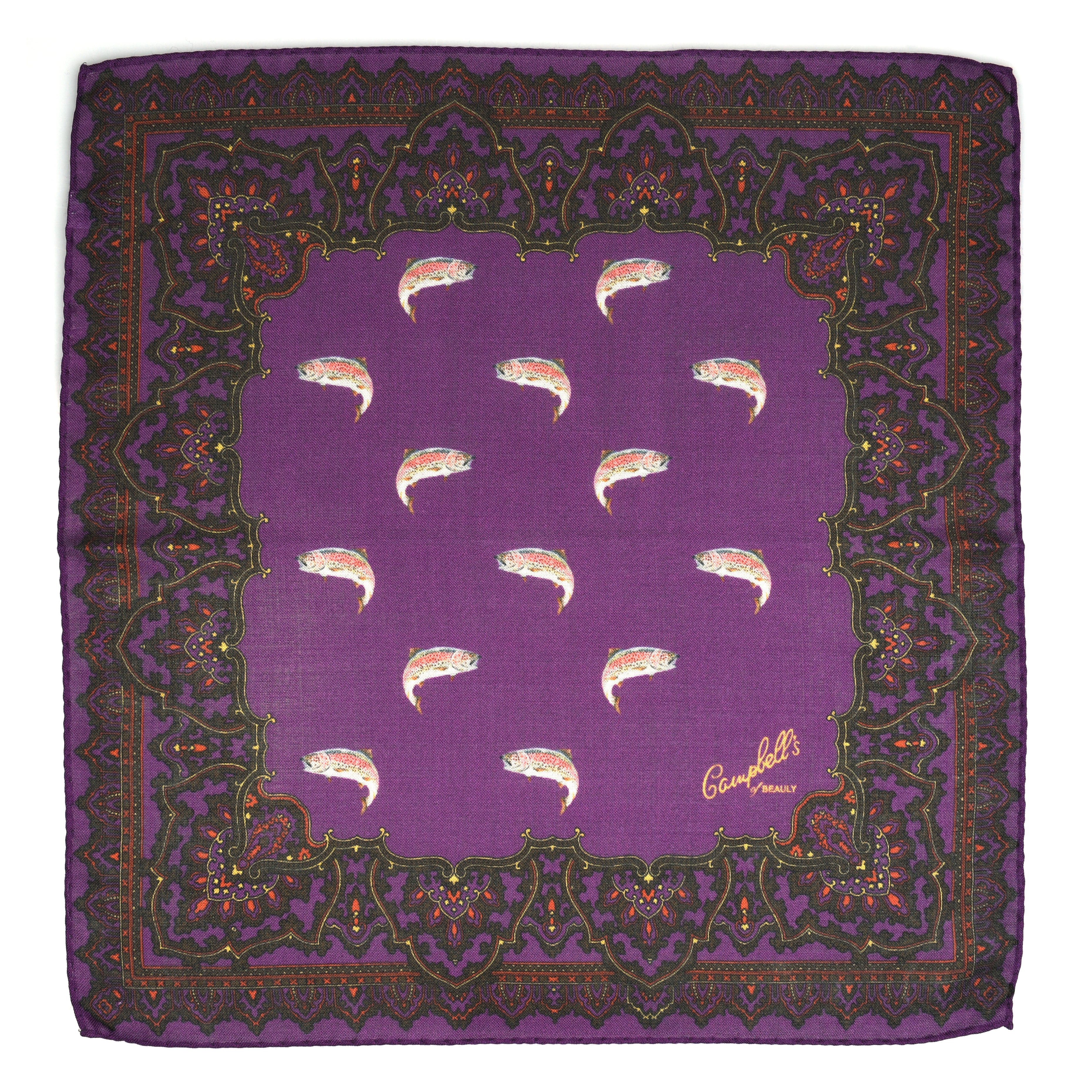 The Wool & Silk Hank by Campbells of Beauly is a square purple scarf with a decorative patterned border, central fish illustrations, hand-rolled edges, and the Campbells signature in the bottom right corner.