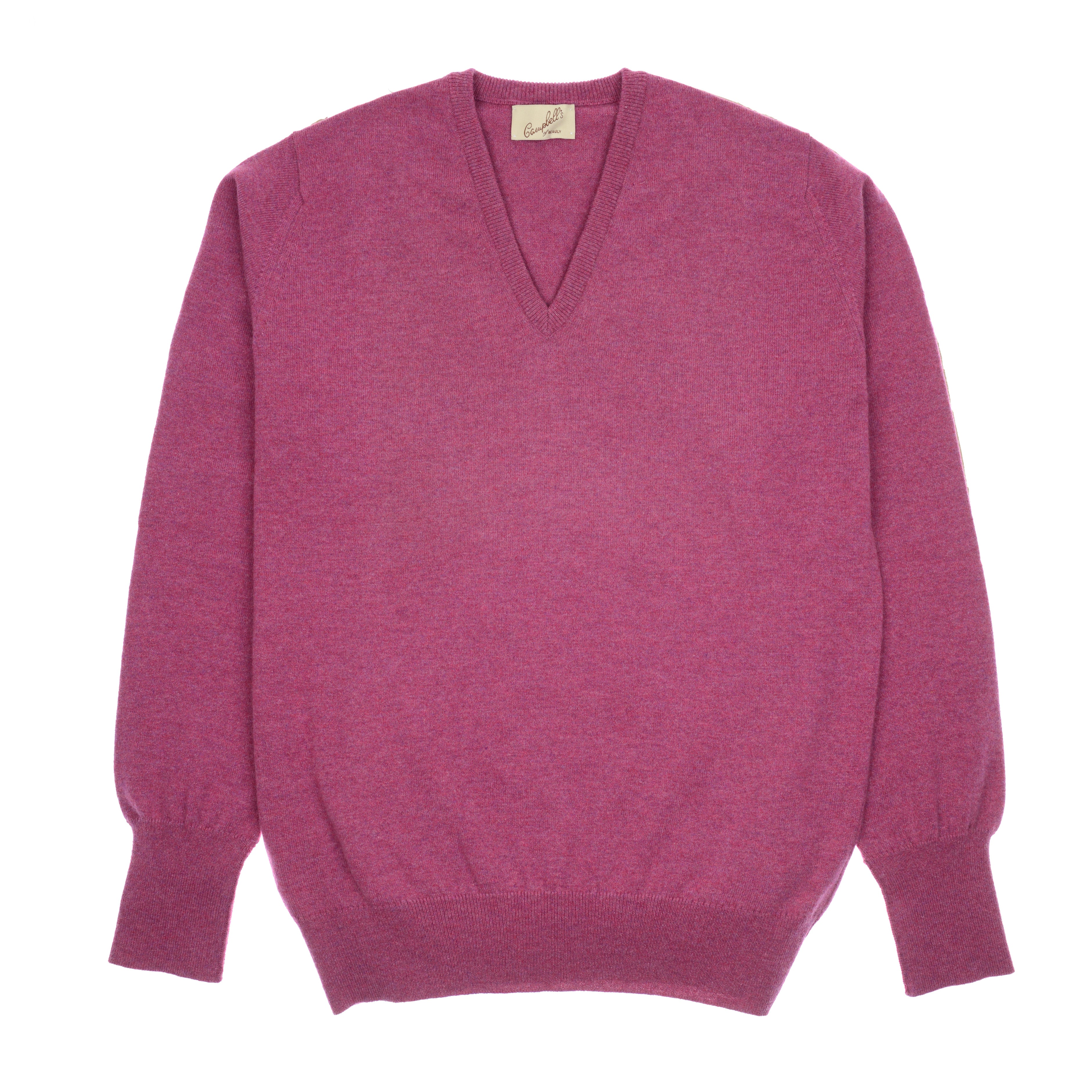 The Campbells of Beauly Cashmere V-Neck Jumper in deep pink is long-sleeved with ribbed cuffs and hem, a beige collar label, and a soft, slightly fuzzy texture for a classic look.