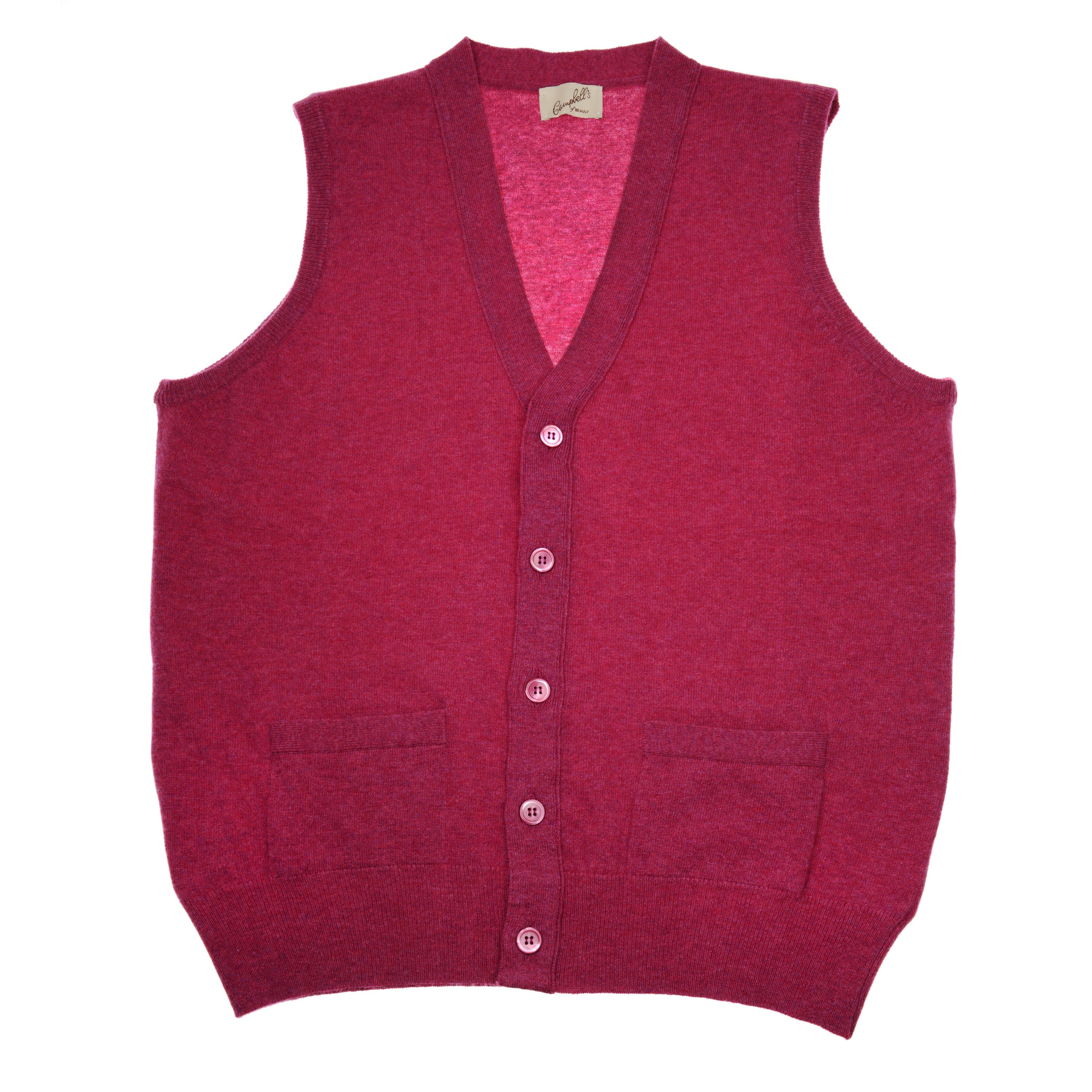 The Geelong Lambswool Button Waistcoat by Campbells of Beauly is a sleeveless deep red V-neck vest with five matching buttons and two front pockets, crafted from premium wool and displayed flat on a white background.
