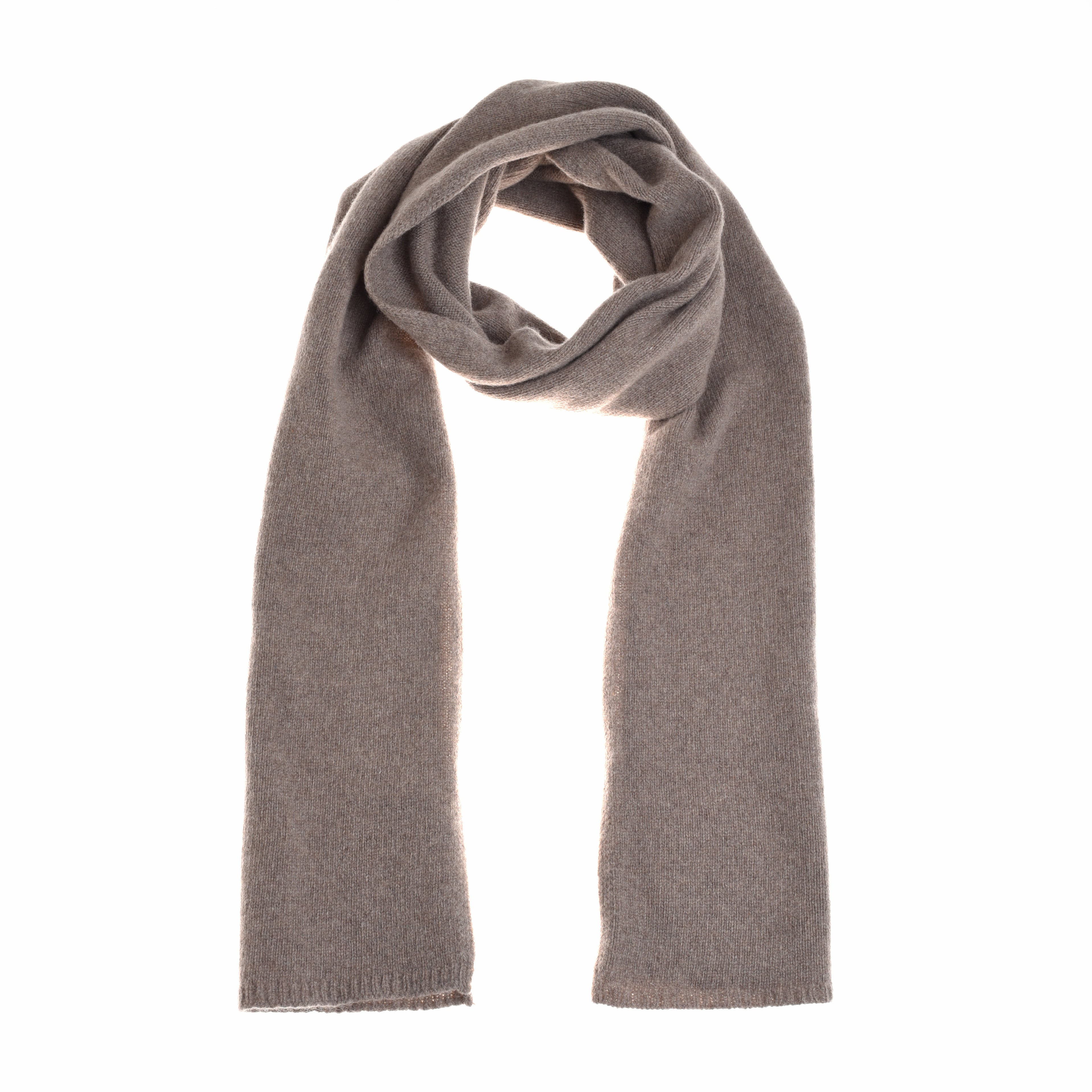The Campbells of Beauly Recycled Cashmere & Merino Scarf in light brown is shown flat on a white background. This long, rectangular knit features finished edges and a soft, thick texture—perfect as a winter essential.