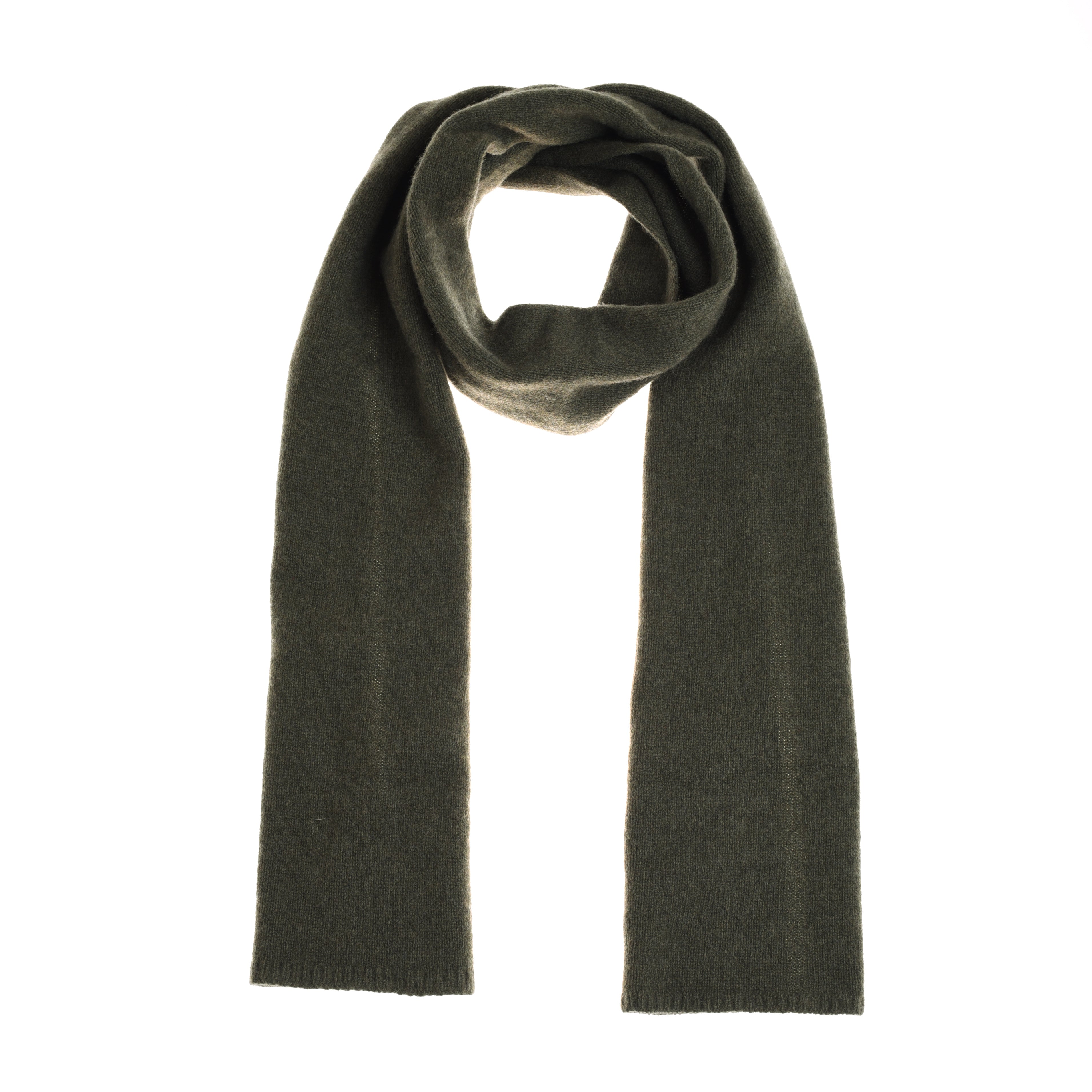 The Campbells of Beauly Recycled Cashmere & Merino Scarf in dark olive is shown flat on a white background, with one end loosely knotted at the center. Its soft, slightly fuzzy fabric and plain edges make it an ideal winter essential.