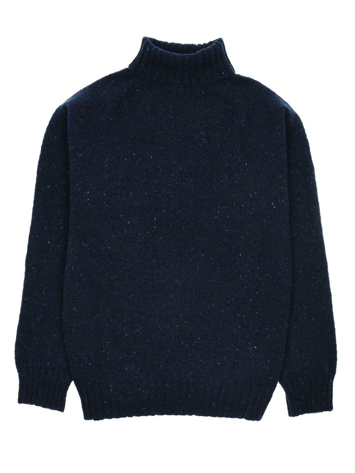 The Donegal Lambswool Roll Neck by Campbell’s of Beauly is a dark blue, long-sleeve turtleneck sweater featuring ribbed cuffs, collar, and hem, shown laid flat on a white background—an essential winter staple for any wardrobe.