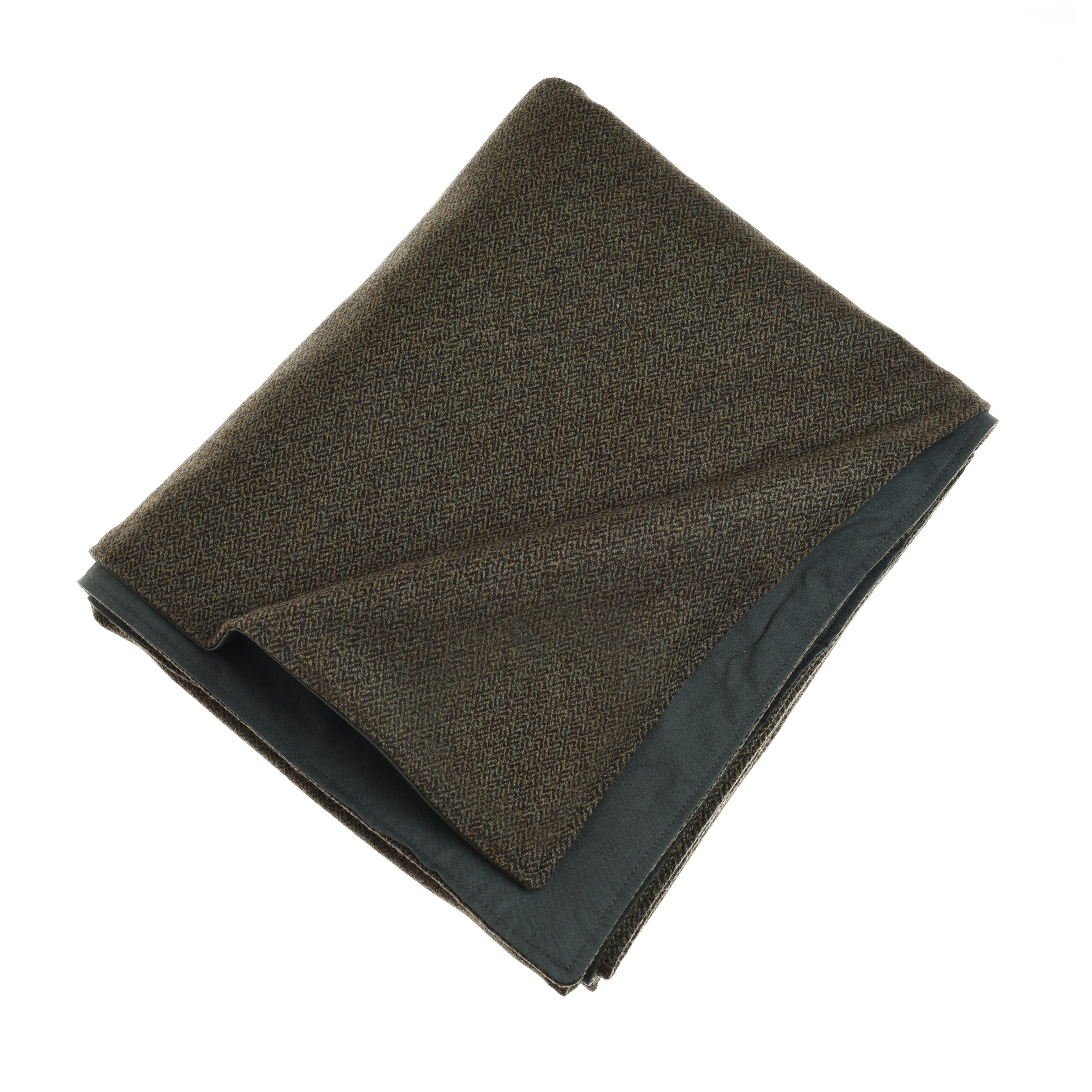 The Campbells of Beauly Large Wax Waterproof Throw is made from thick brown and dark green herringbone wool with a dark green lining, inspired by Scottish Borders tweed, shown neatly folded to display its texture and both sides against a white background.