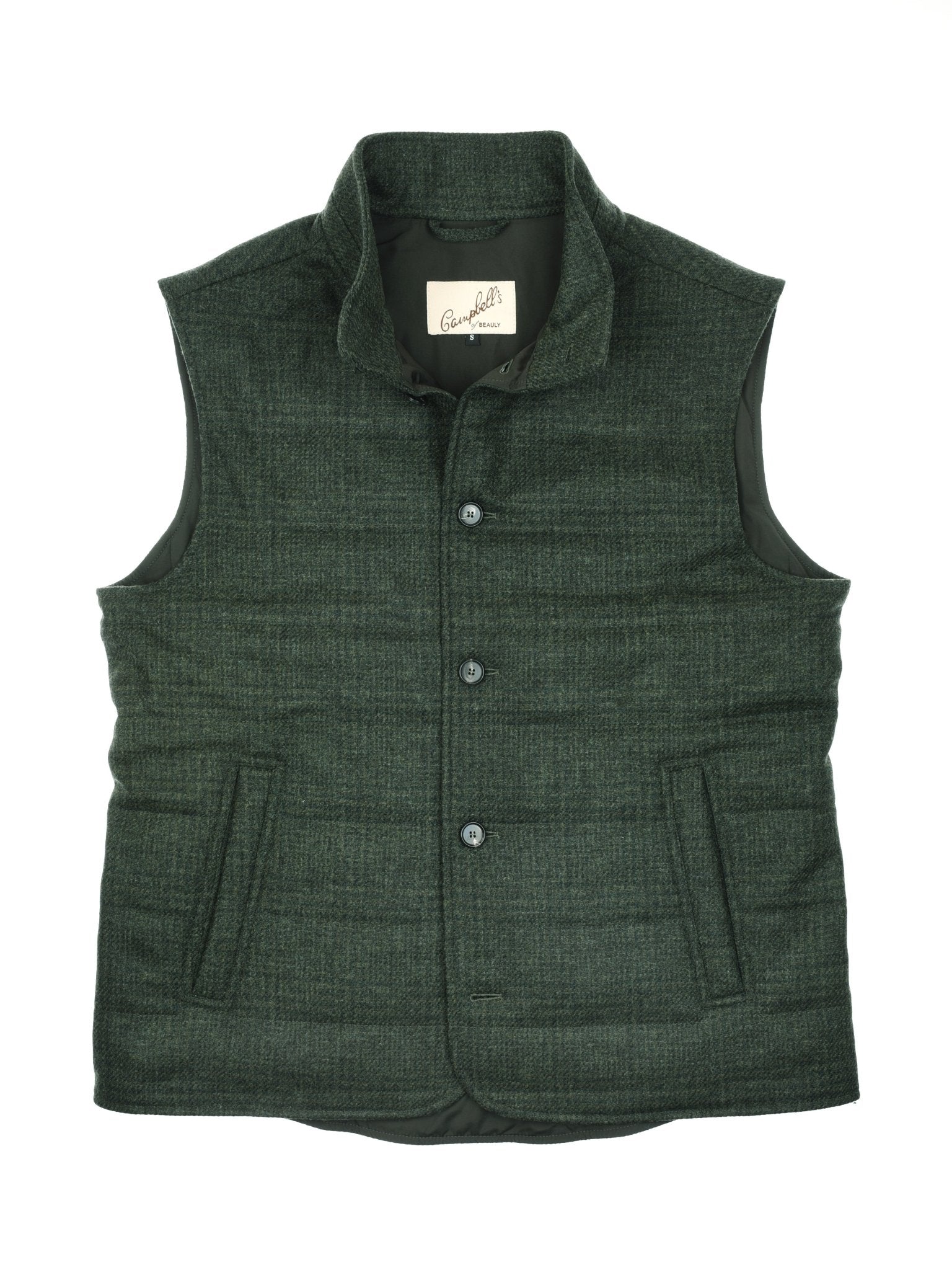 The Campbell's of Beauly Auld Stock Quilted Tweed Buttoned Gilet in Green Glen Check features a sleeveless design, standing collar, button-up front, and two slanted pockets—a perfect layering piece.
