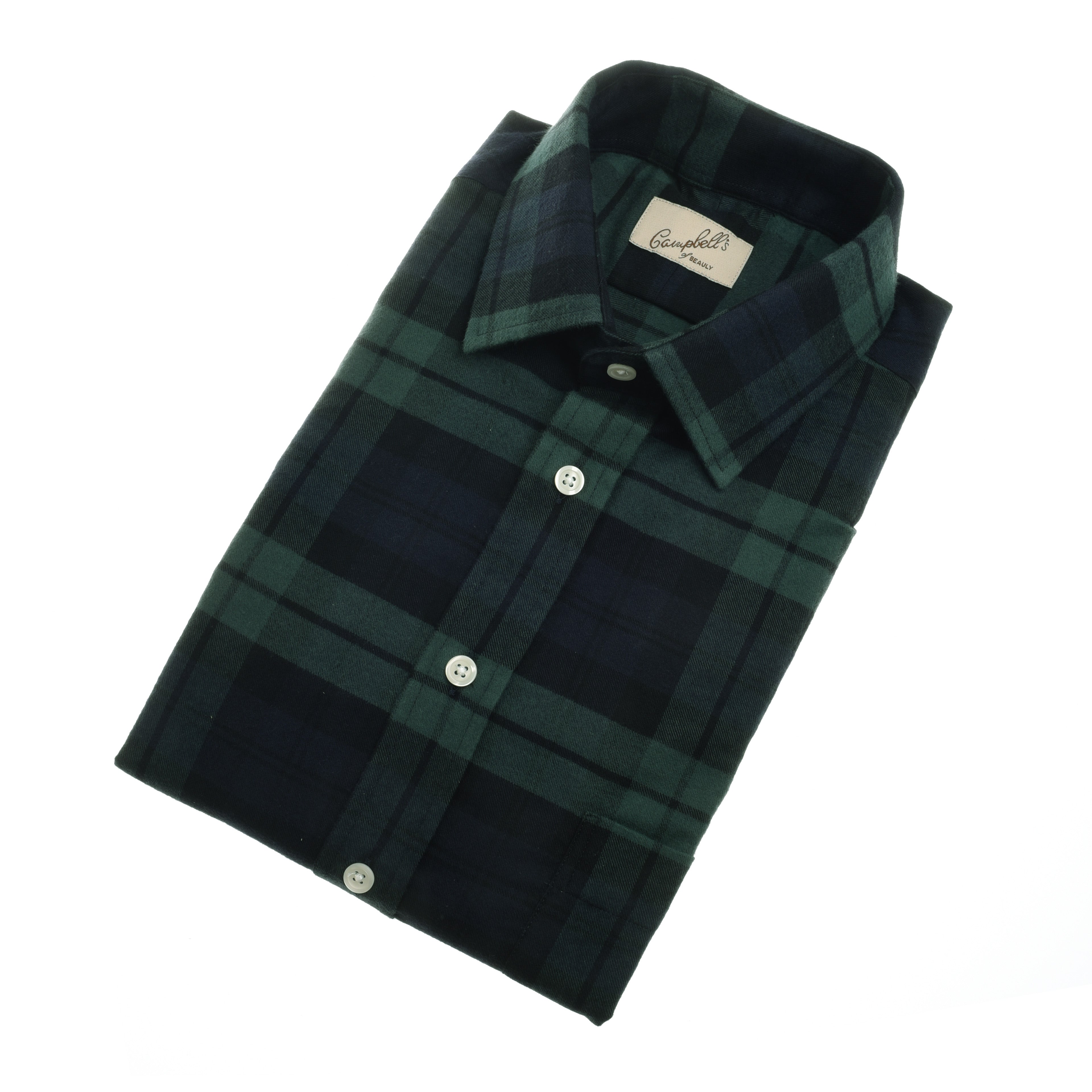 The Campbells of Beauly Tartan Shirt is a long-sleeve, classic-fit style in green and navy Black Watch plaid, featuring a pointed collar, white buttons, and a beige inner label with writing. Photographed against a plain white background.