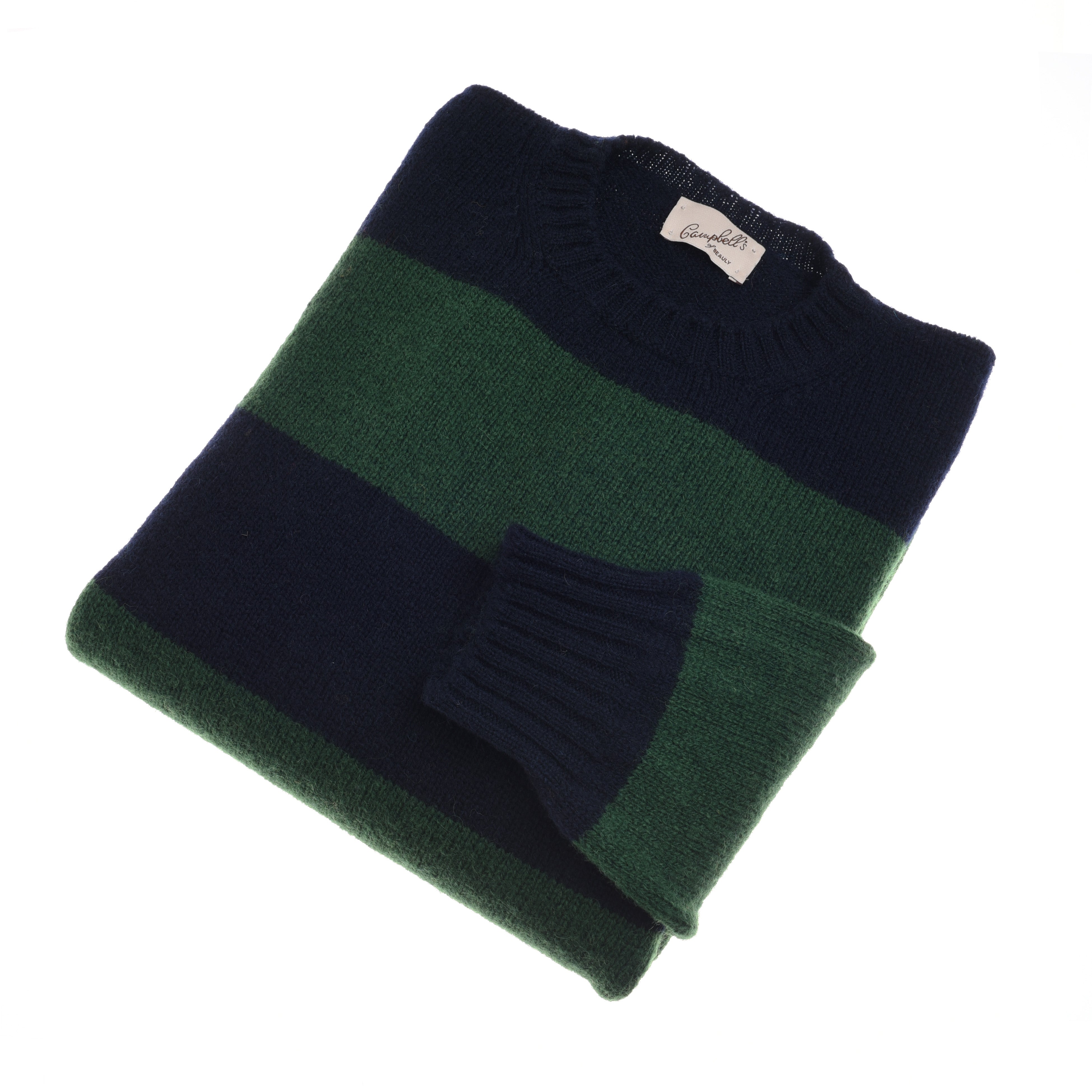 The Campbells of Beauly Shetland Stripe Crew Jumper features wide navy blue and dark green stripes, a ribbed crew neckline and cuffs, and a visible label, neatly folded against a white background.
