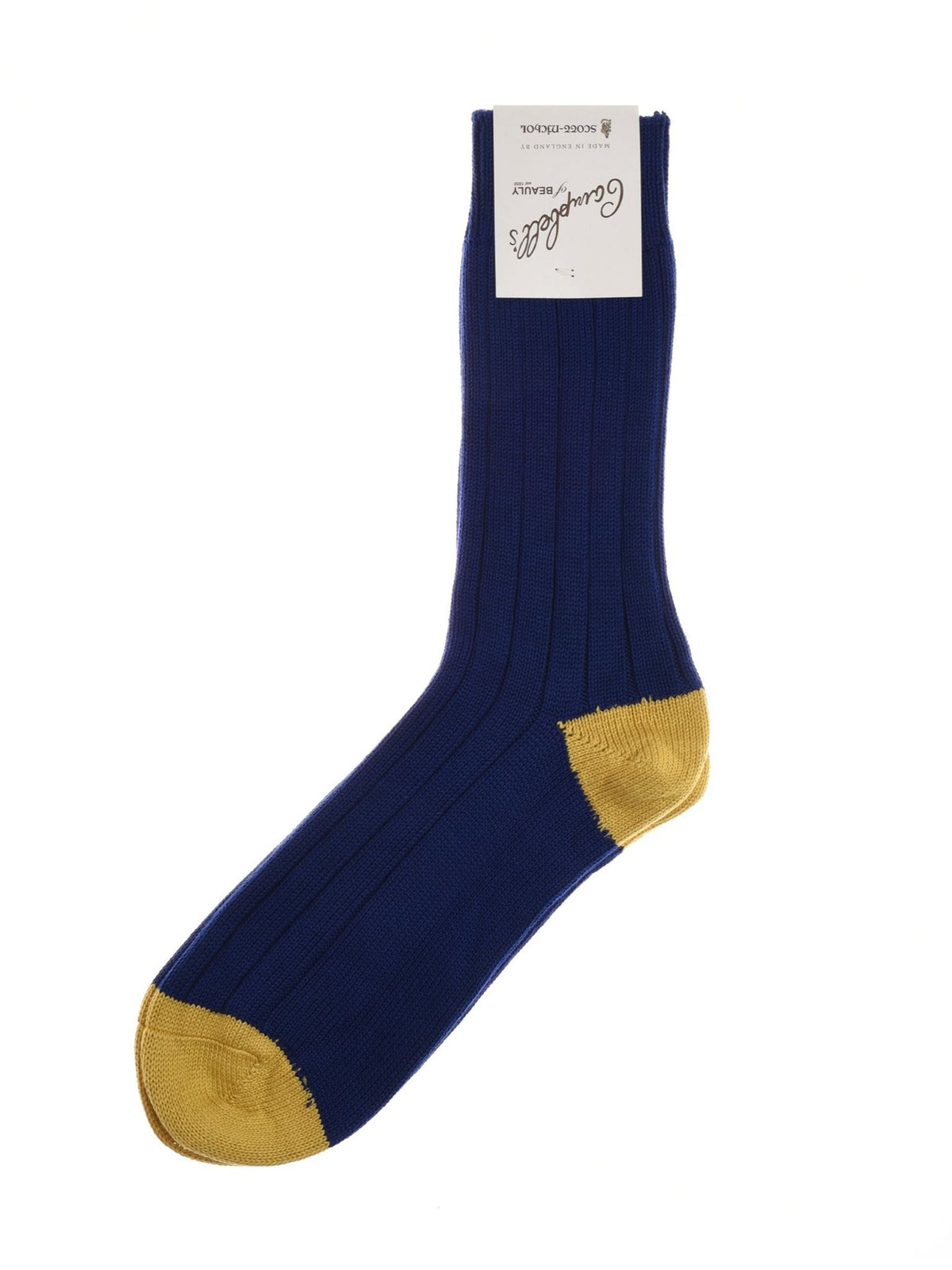 An Admiral blue ribbed cotton Oxford Sock by Campbell’s of Beauly, featuring a yellow toe and heel, designed for everyday wear, displayed on a white background with a branded tag attached at the top.
