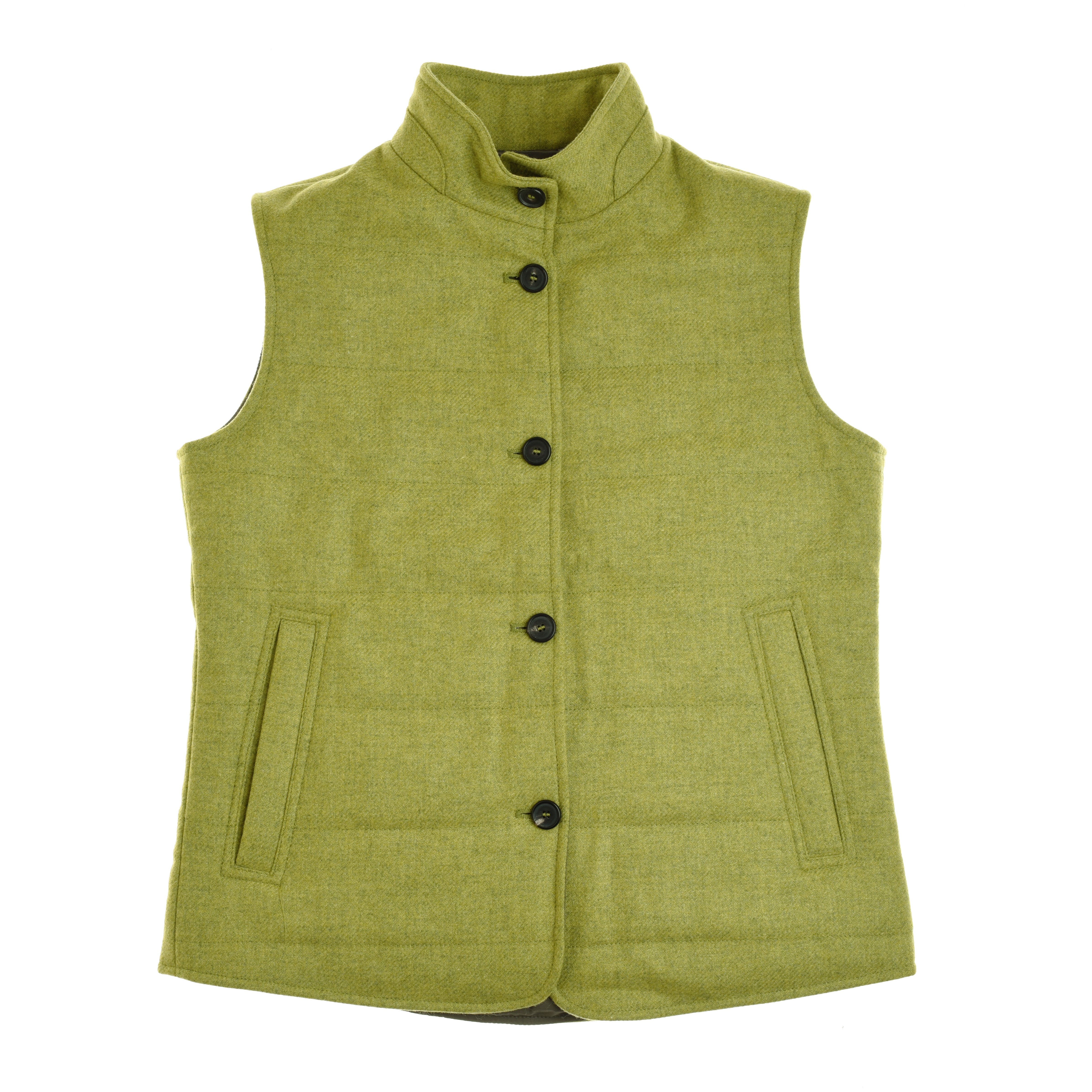 The Campbells of Beauly Quilted Buttoned Gilet is a sleeveless, light green tweed layer with a high collar, four black buttons, and two slanted front pockets, shown laid flat on a white background.