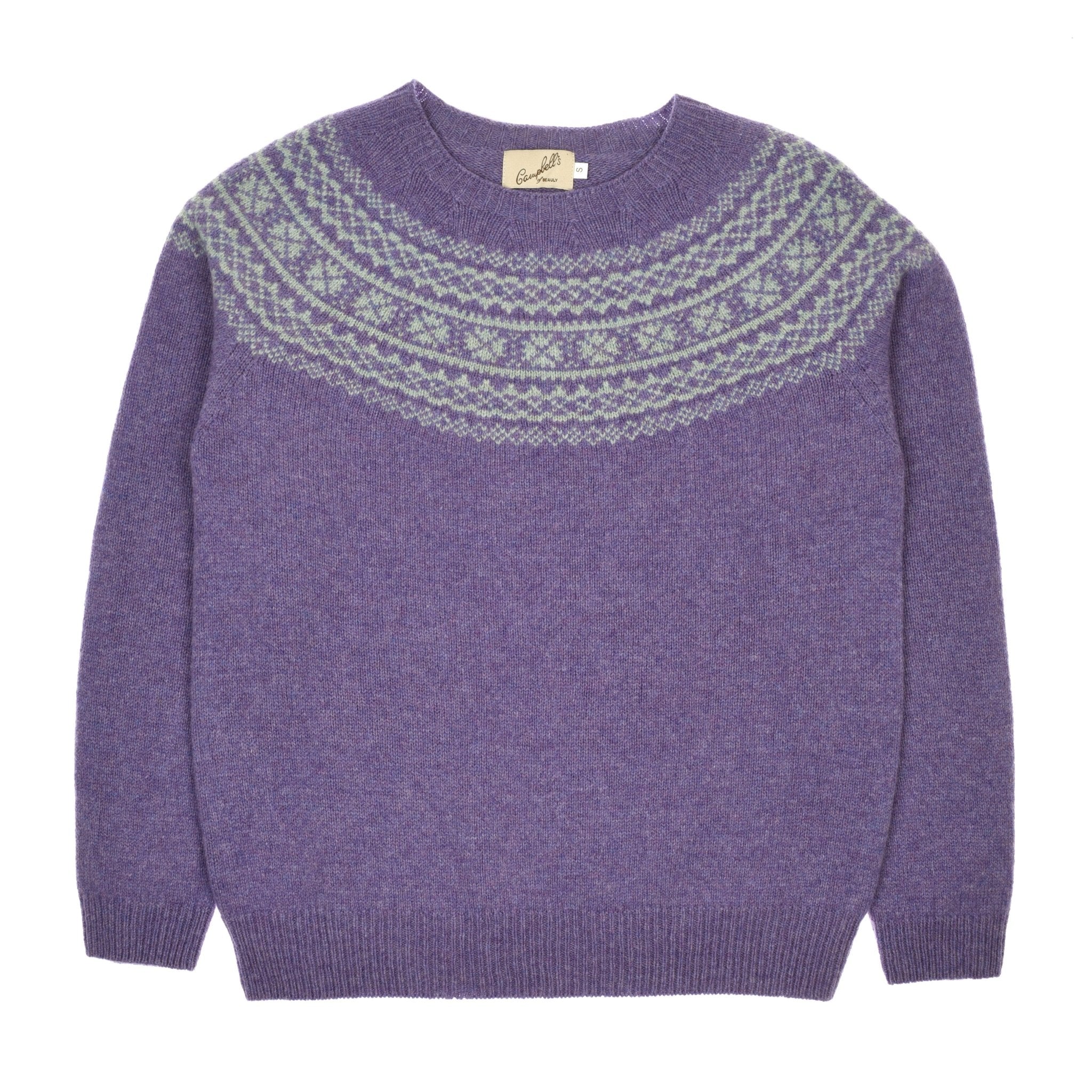 The Two-Colour Fairisle Yoke Jumper by Campbells of Beauly is a purple Geelong lambswool sweater with a round neck, light gray and white traditional Fairisle yoke, long sleeves, and ribbed cuffs, hem, and collar.