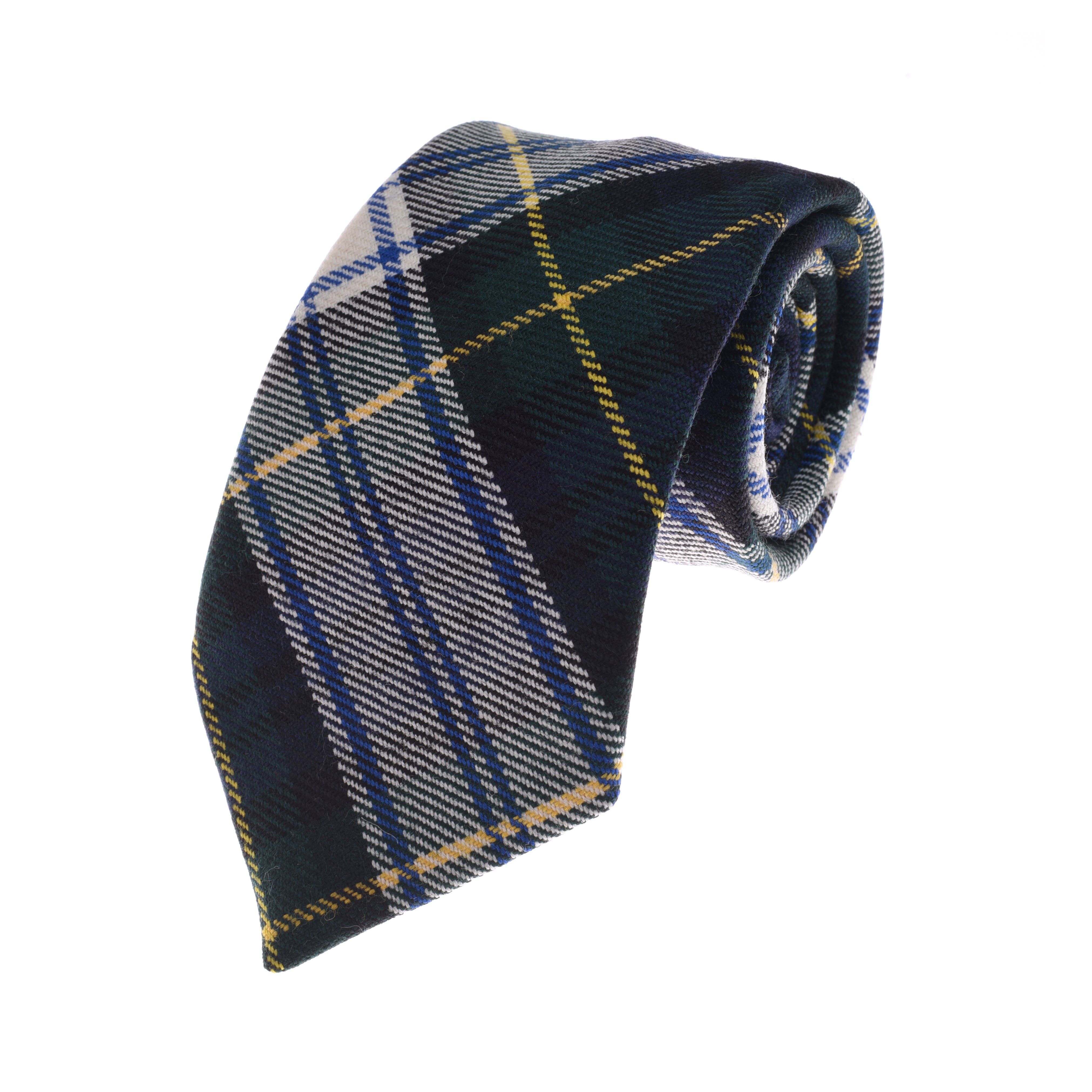 The Campbells of Beauly Tartan Tie is a fine wool neck tie with a navy, green, white, and yellow plaid pattern in large checks. Rolled-up and neatly folded, it’s displayed on a plain white background.