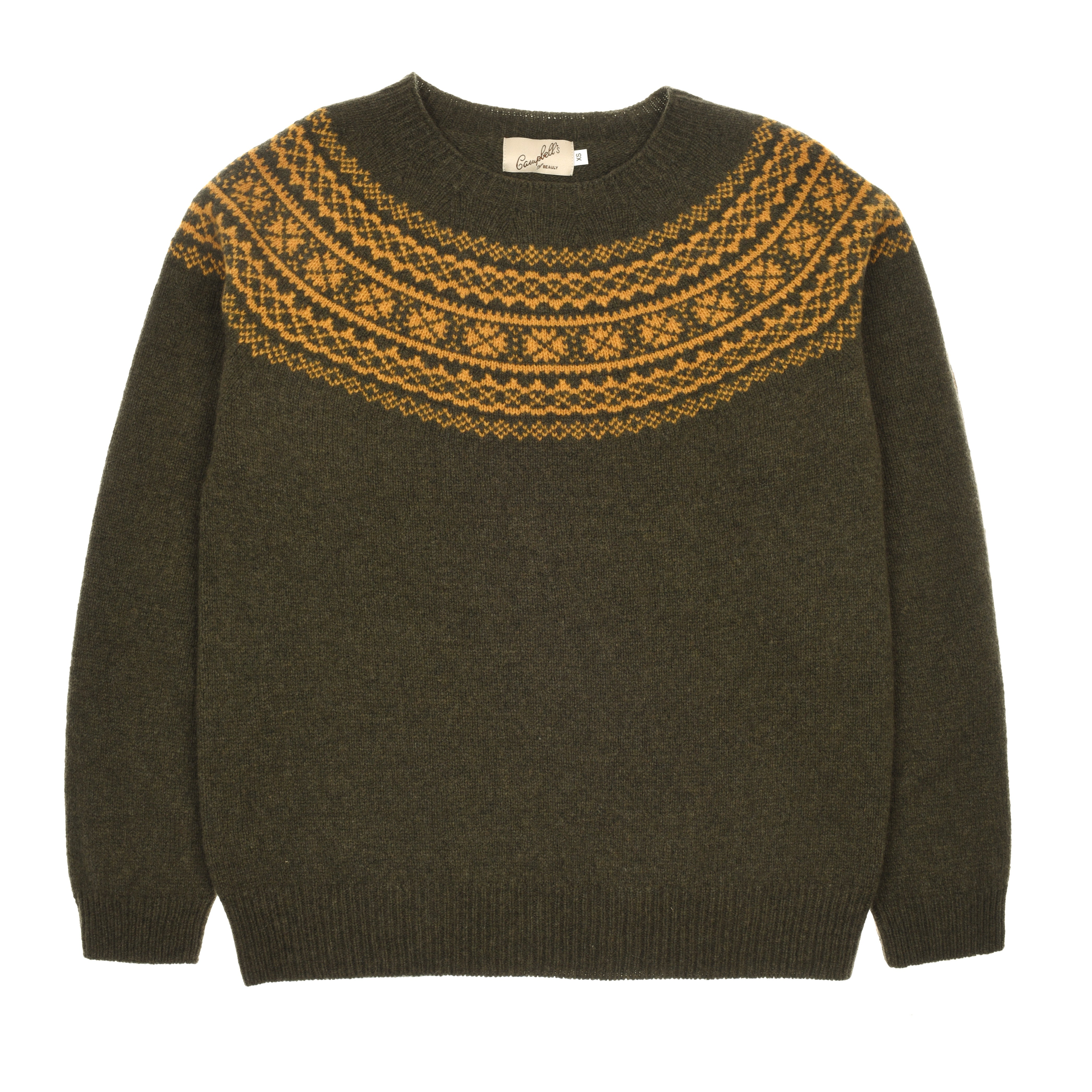 The Two-Colour Fairisle Yoke Jumper by Campbells of Beauly is a dark olive green Superfine Geelong lambswool sweater with long sleeves and a round neckline, featuring a yellow and orange Fair Isle yoke across the upper chest.